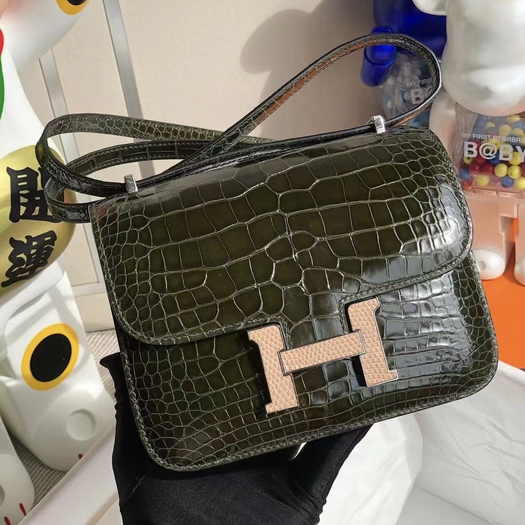 Hermes Constance 19cm 6H Olive green 橄欖綠 配 杏色 蜥蜴扣 美洲鱷魚