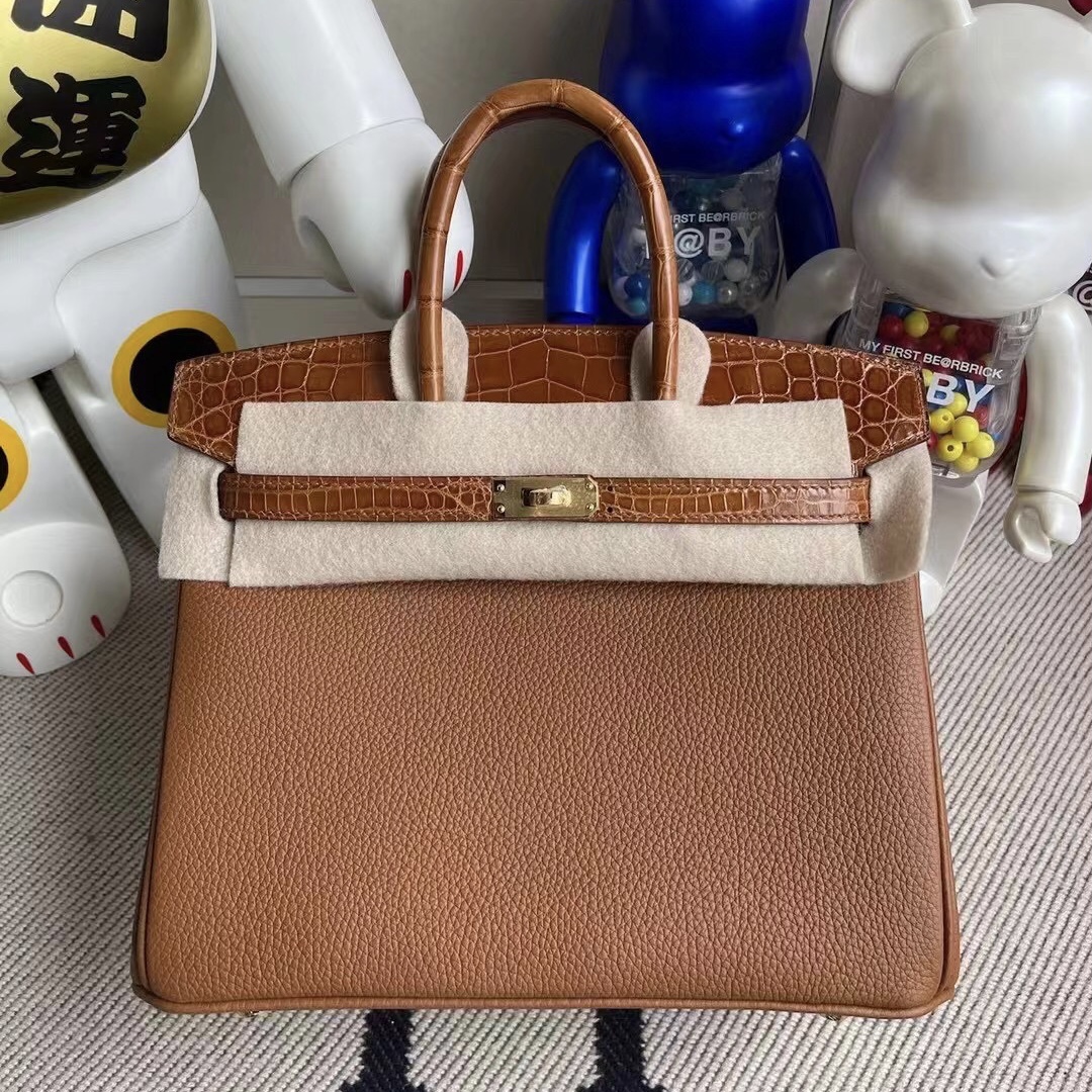 愛馬仕2021年 Z刻 Hermes Birkin 25 Touch Togo 拼 尼羅鱷 37 Gold 金棕色 金扣