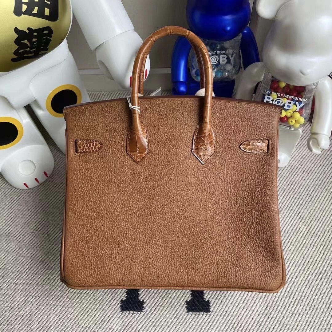 愛馬仕2021年 Z刻 Hermes Birkin 25 Touch Togo 拼 尼羅鱷 37 Gold 金棕色 金扣