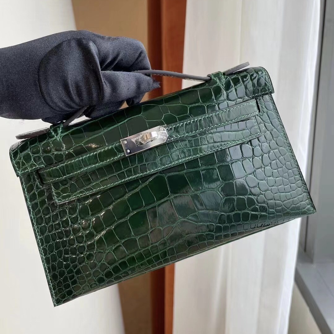 Hong Kong Hermes MiniKelly Pochette 67 Vert Fonce 祖母綠 亮面方塊美洲鱷