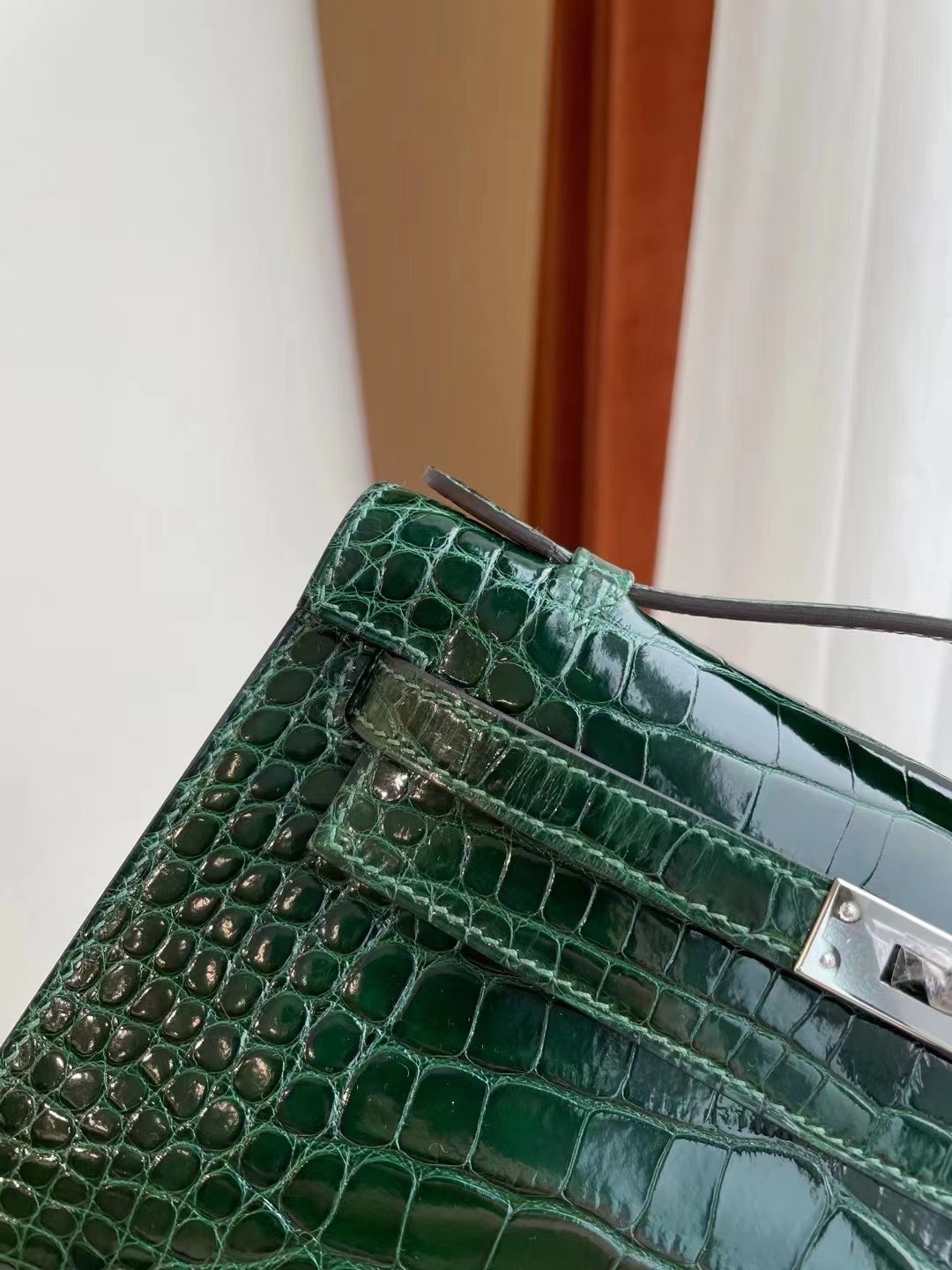 Hong Kong Hermes MiniKelly Pochette 67 Vert Fonce 祖母綠 亮面方塊美洲鱷