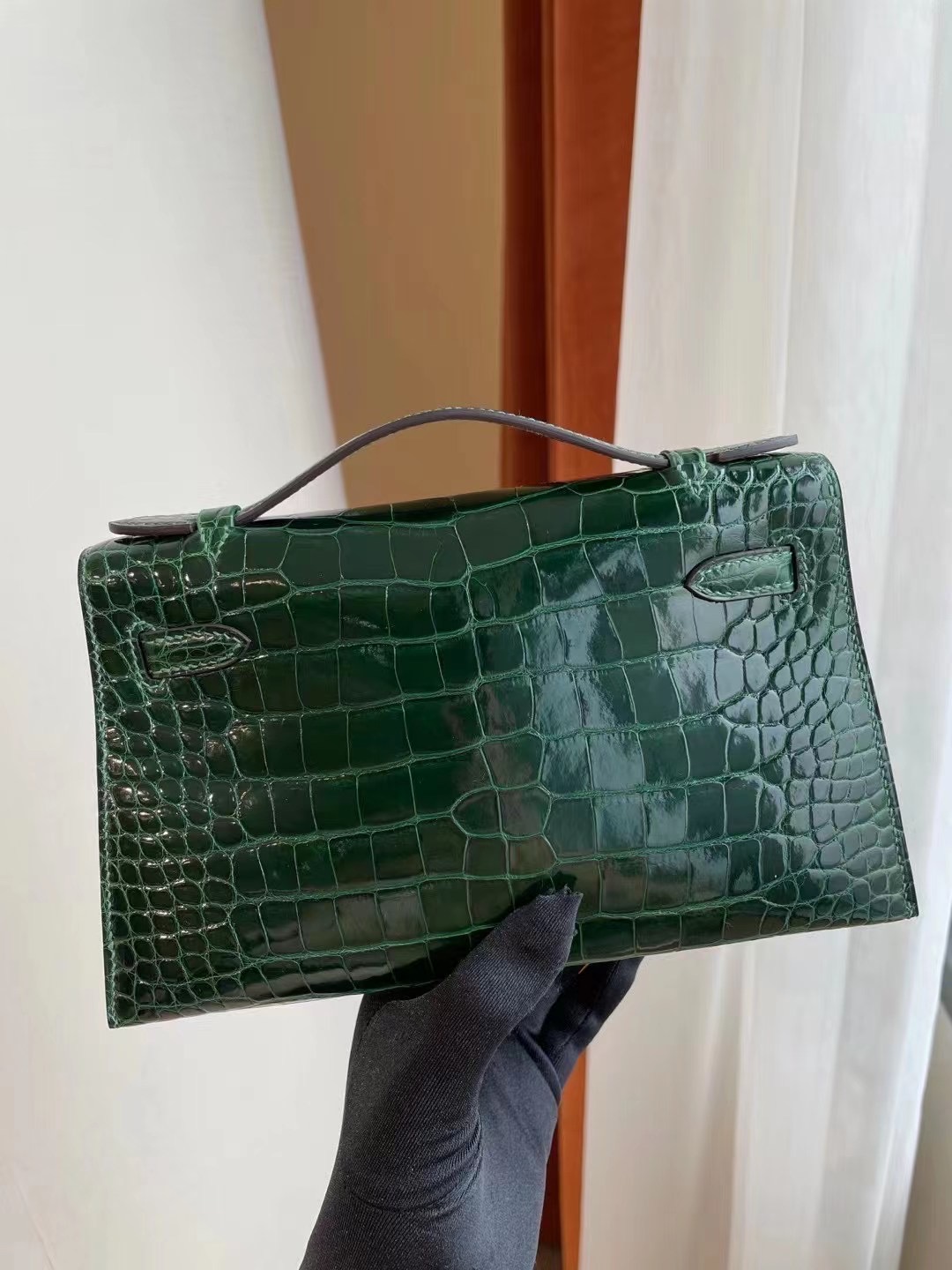 Hong Kong Hermes MiniKelly Pochette 67 Vert Fonce 祖母綠 亮面方塊美洲鱷