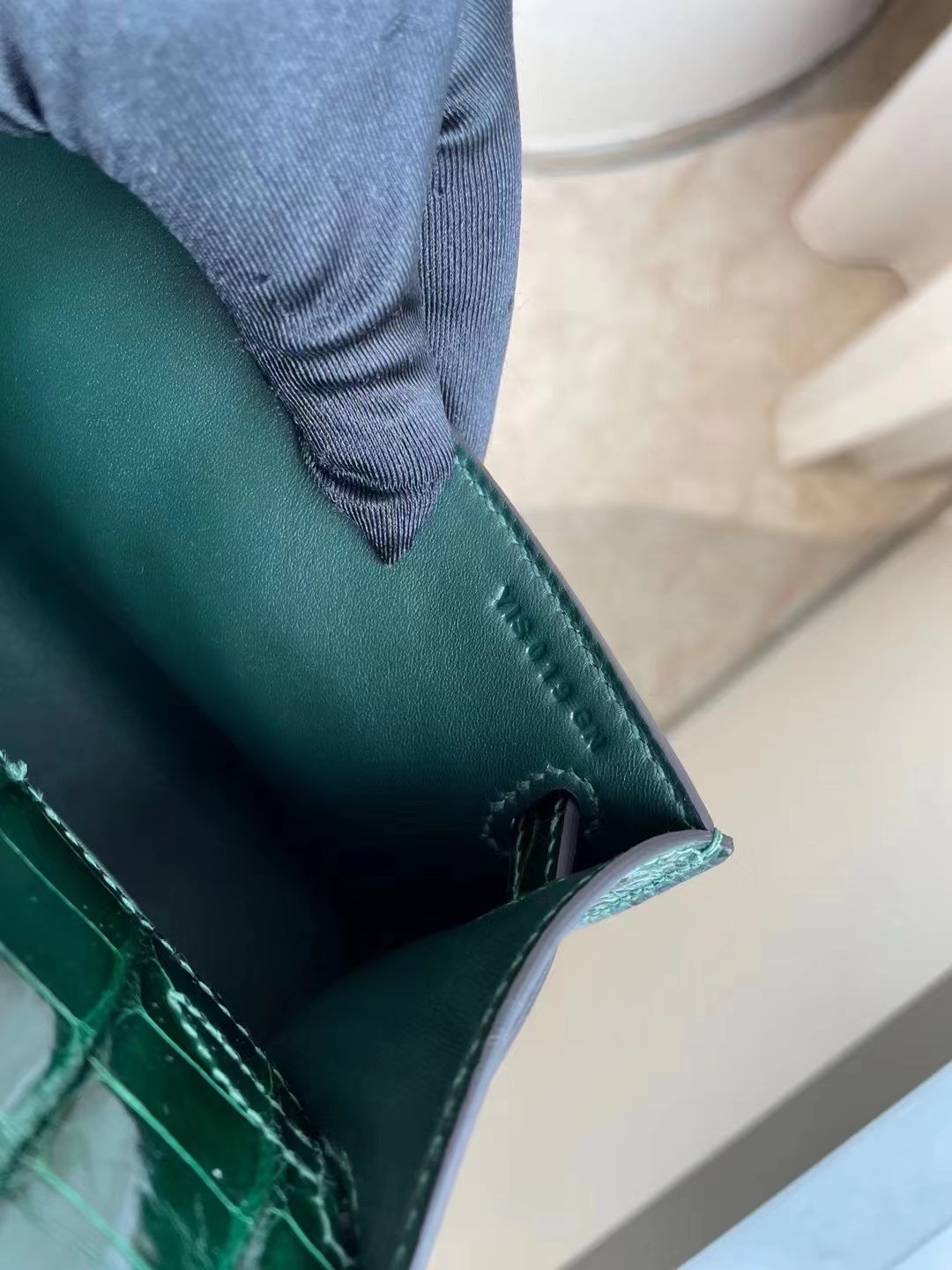 Hong Kong Hermes MiniKelly Pochette 67 Vert Fonce 祖母綠 亮面方塊美洲鱷