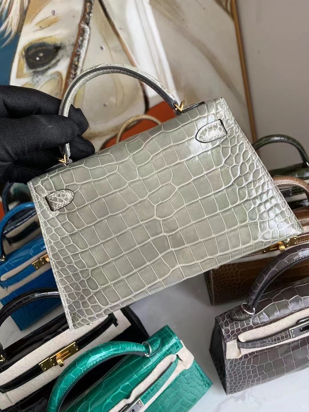 Hermes Kelly Mini II 亮面美洲鱷魚 81 Gris Tourterelle 斑鳩灰 8P Plomb 鉛灰色