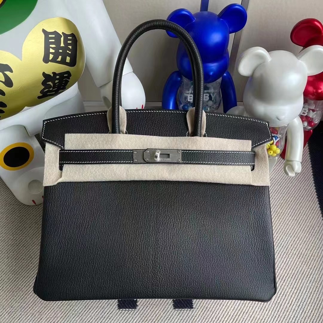 Hermes Birkin 30 Chevre 山羊皮 89 Noir 黑色內拼6R Kiwf 奇異果綠 磨砂銀扣