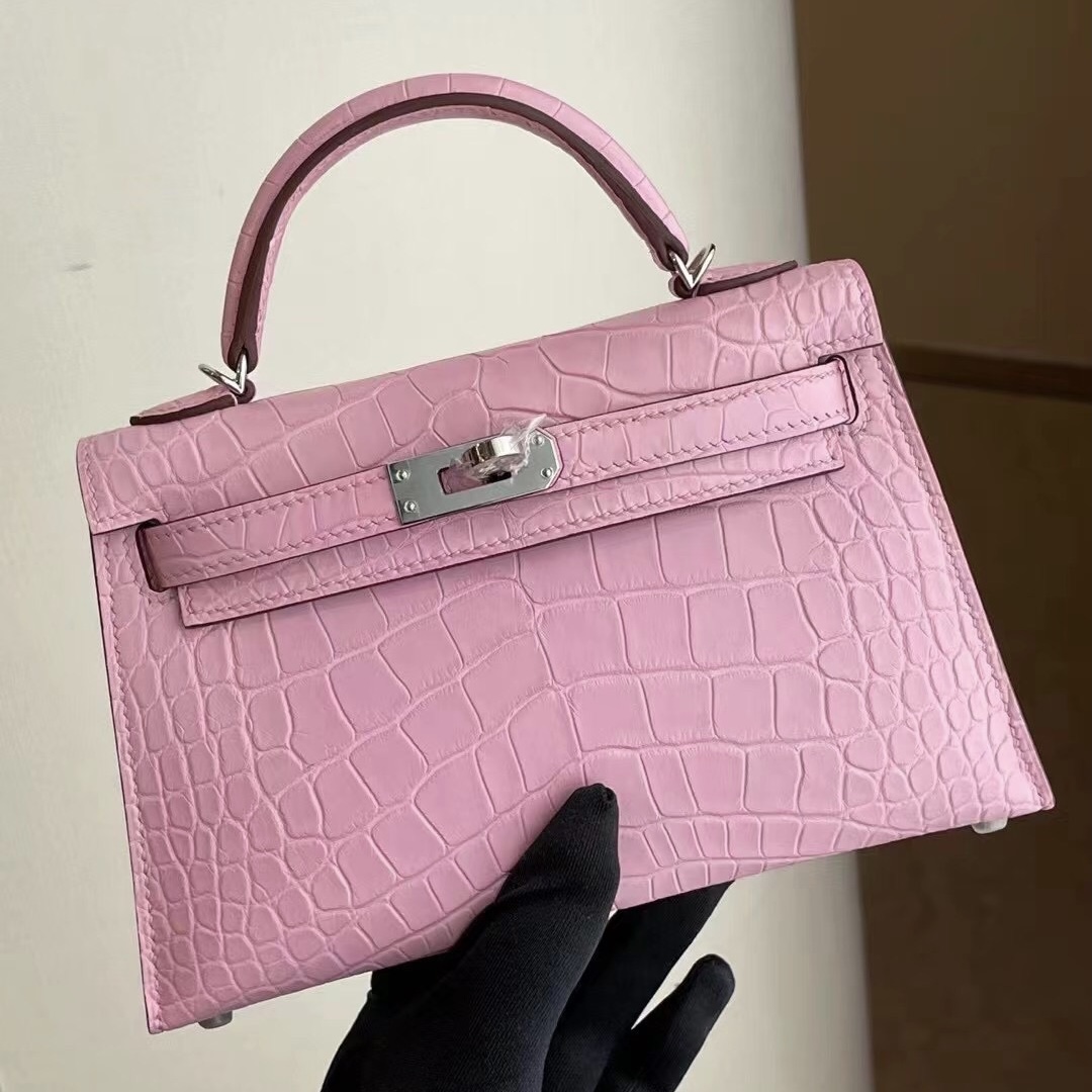 Hermes Mini Kelly II 2代 5P pink 櫻花粉 霧面方塊 美洲鱷 銀扣