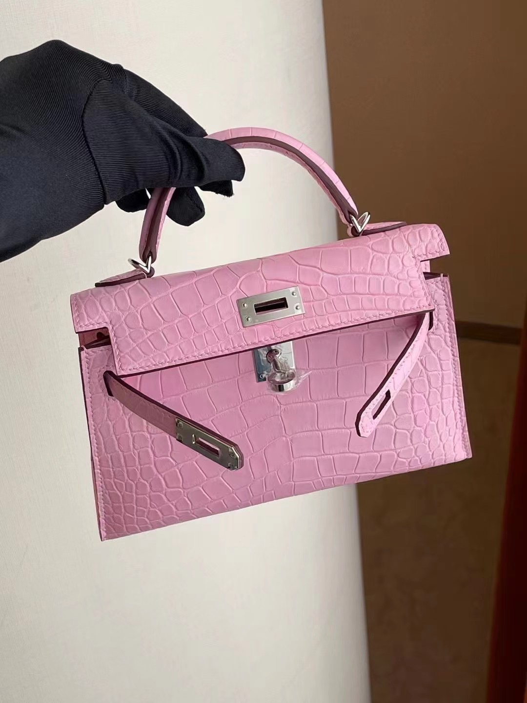 Hermes Mini Kelly II 2代 5P pink 櫻花粉 霧面方塊 美洲鱷 銀扣