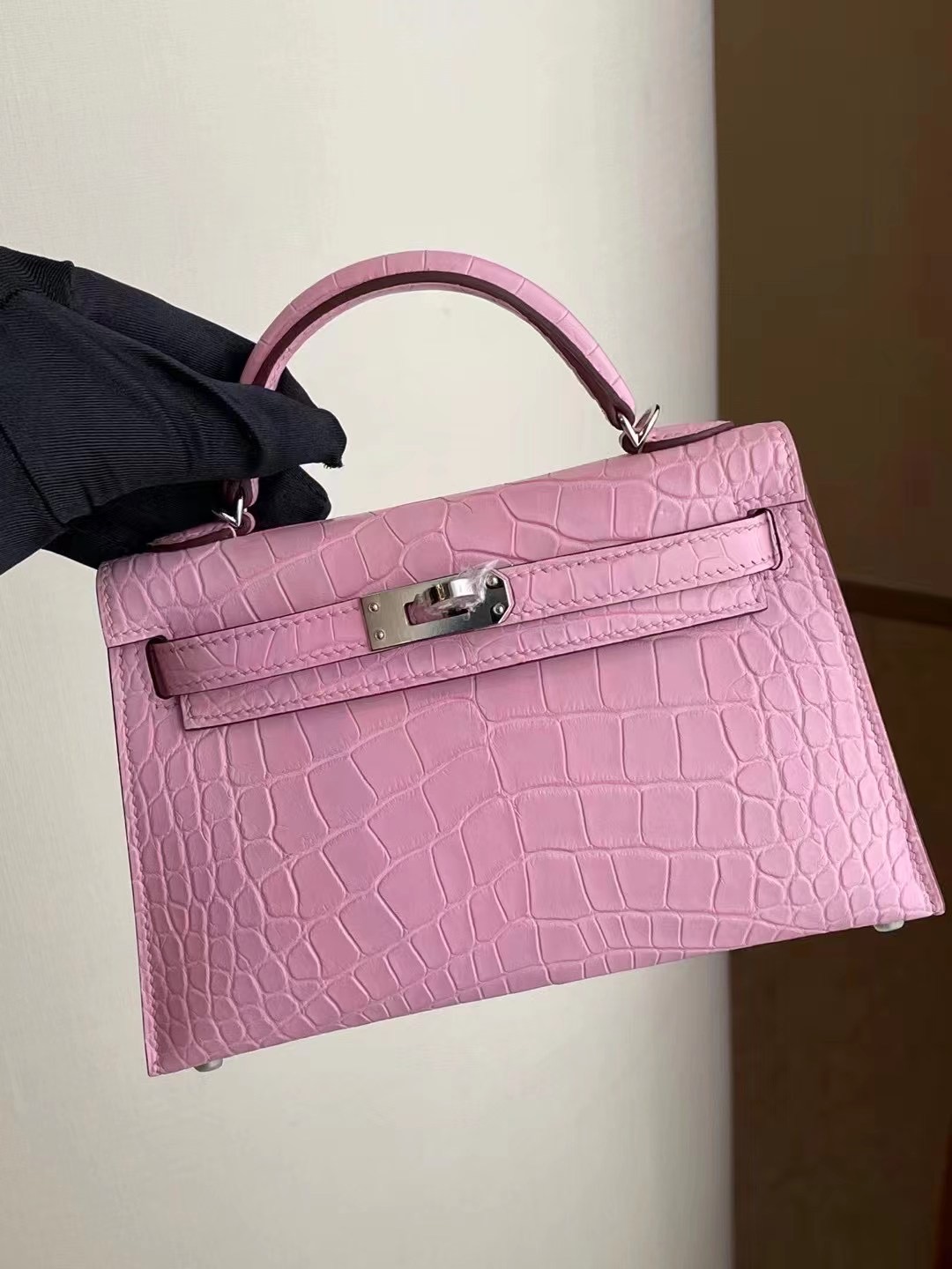 Hermes Mini Kelly II 2代 5P pink 櫻花粉 霧面方塊 美洲鱷 銀扣