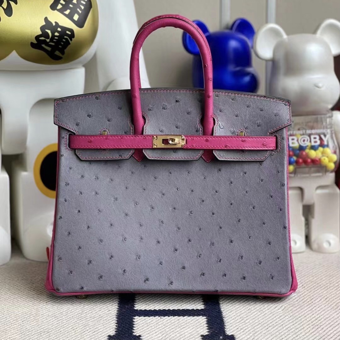 Hermes Birkin 25 Ostrich 南非鴕鳥皮 82 gris agate拼L3 Rose Poupre 金扣