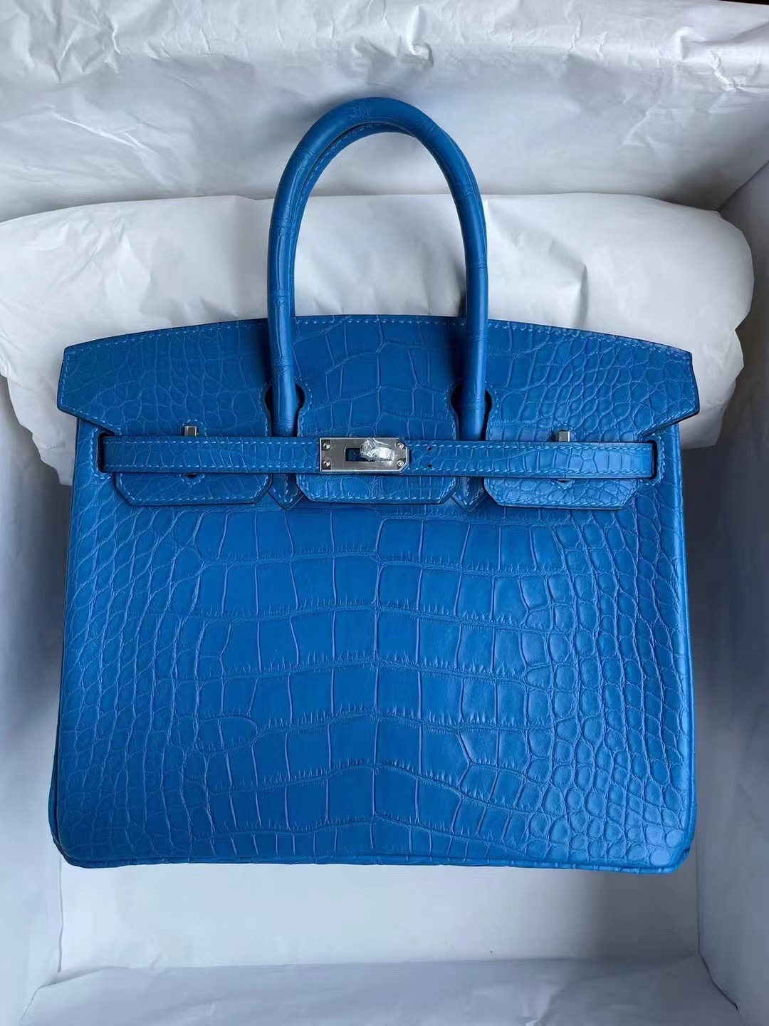 Singapore Hermes Birkin 25 美洲鱷魚 7Q Blue Mykonos 希臘藍 銀扣