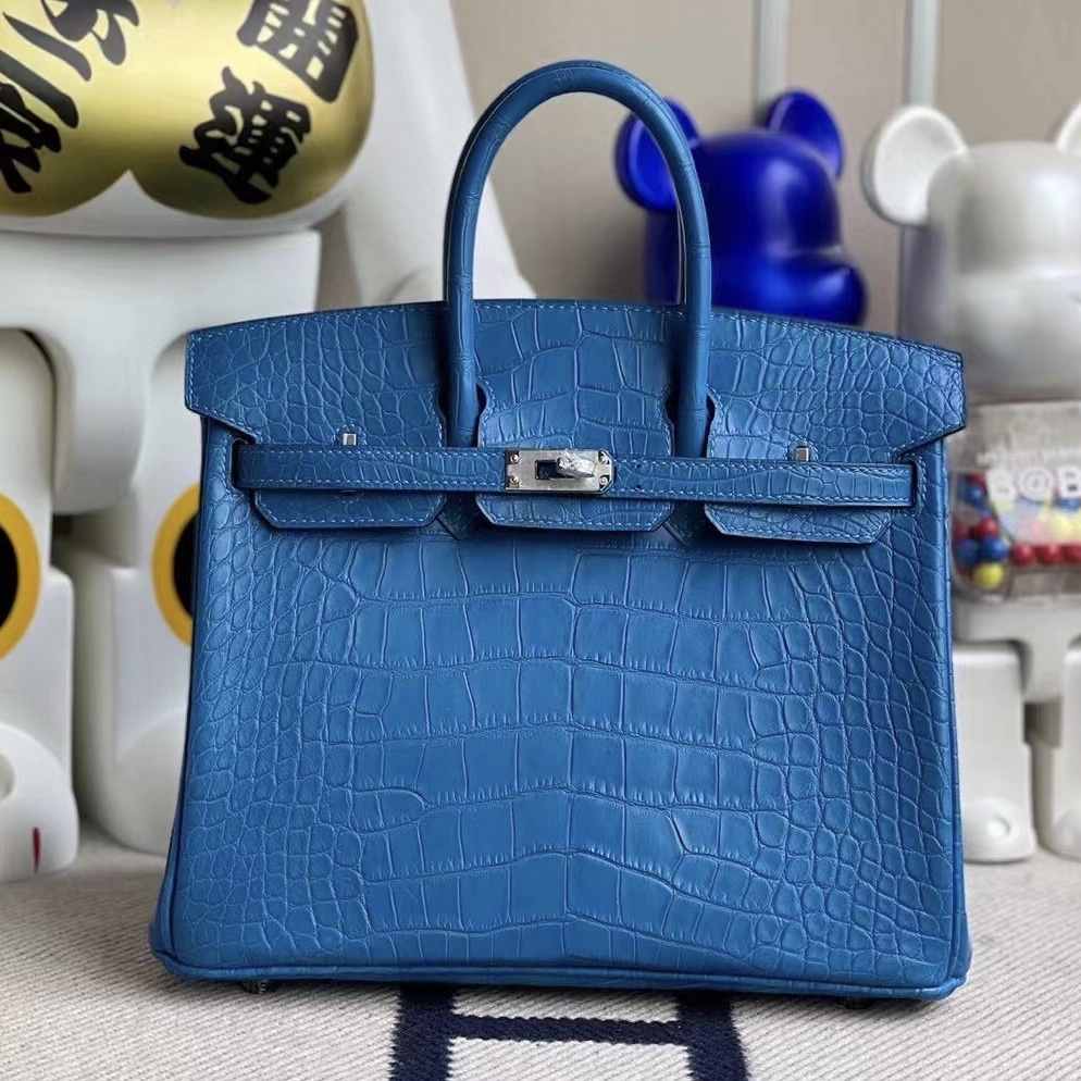 Singapore Hermes Birkin 25 美洲鱷魚 7Q Blue Mykonos 希臘藍 銀扣