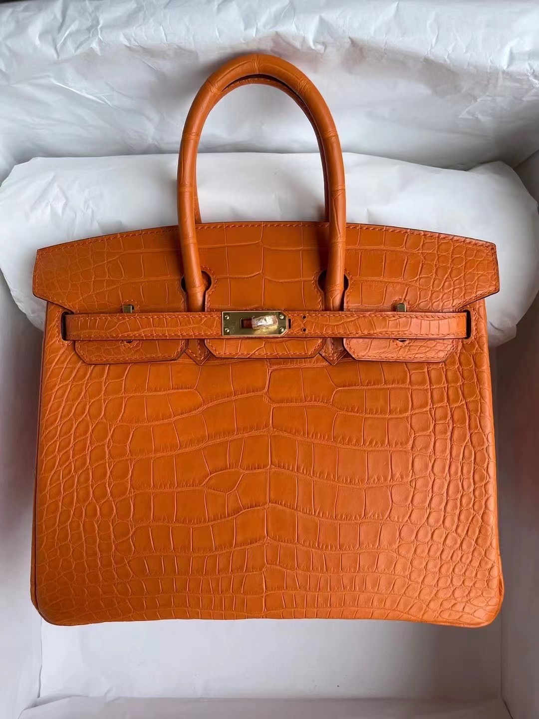 Singapore Hermes Birkin 25cm 霧面美洲鱷魚 8V Orange Poppy 罌粟橘 金扣