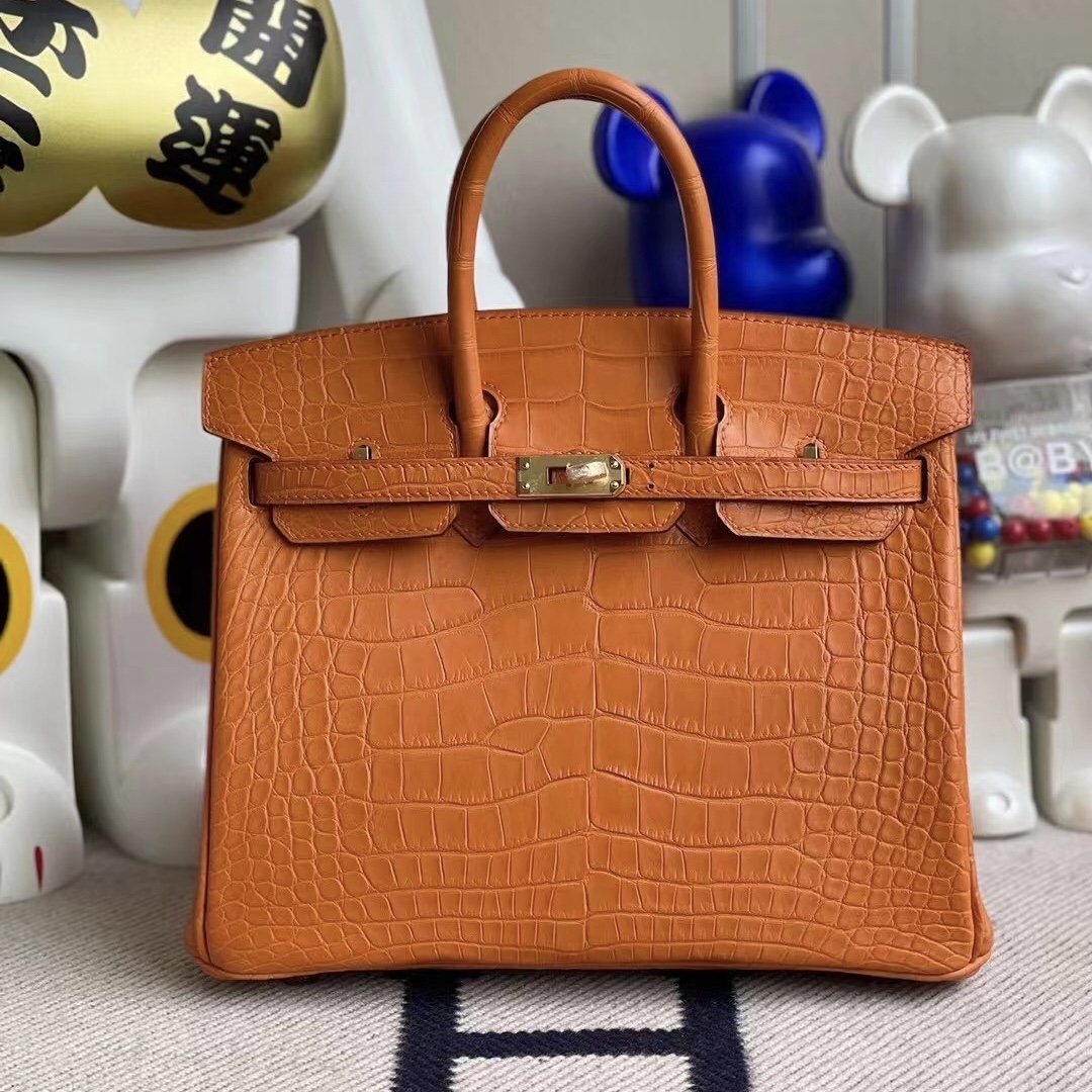 Singapore Hermes Birkin 25cm 霧面美洲鱷魚 8V Orange Poppy 罌粟橘 金扣