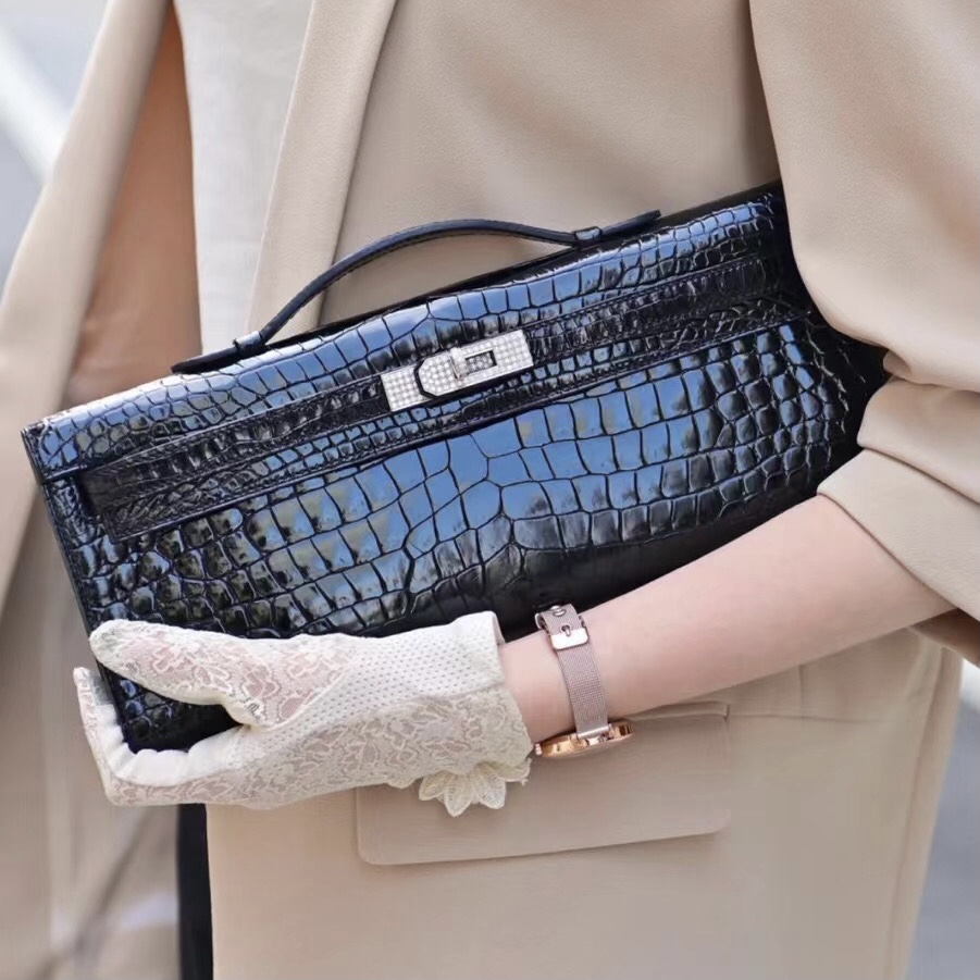 Hermes Kelly cut 澳洲灣鱷 Shiny porosus crocodile 89 Noir 黑色 鉆扣