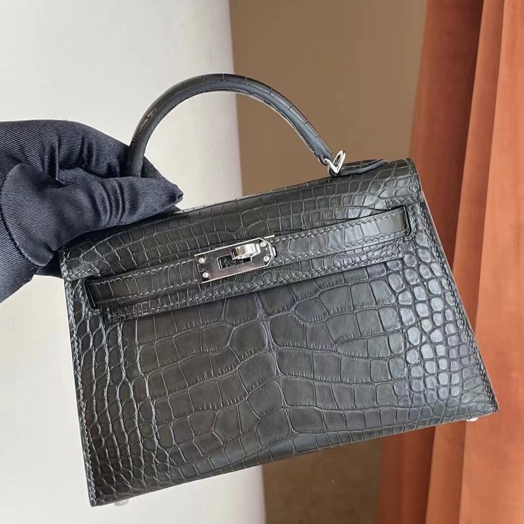 Hermes Kelly Mini II 2代 61 Vert Olive 橄欖綠 方塊 美洲鱷魚銀扣