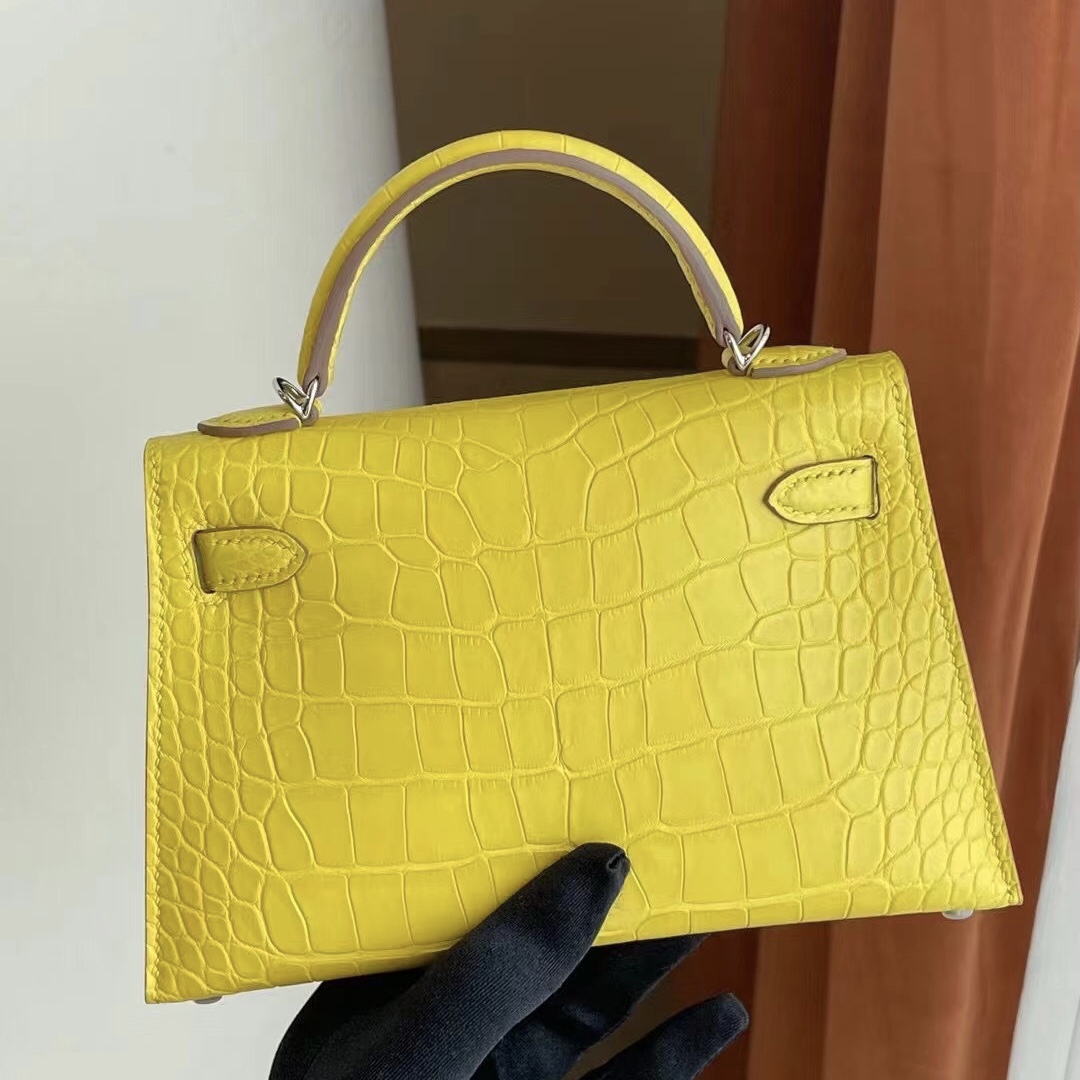 Hermes Kelly Mini II 2代 9R Lime 檸檬黃 霧面方塊 美洲鱷魚銀扣