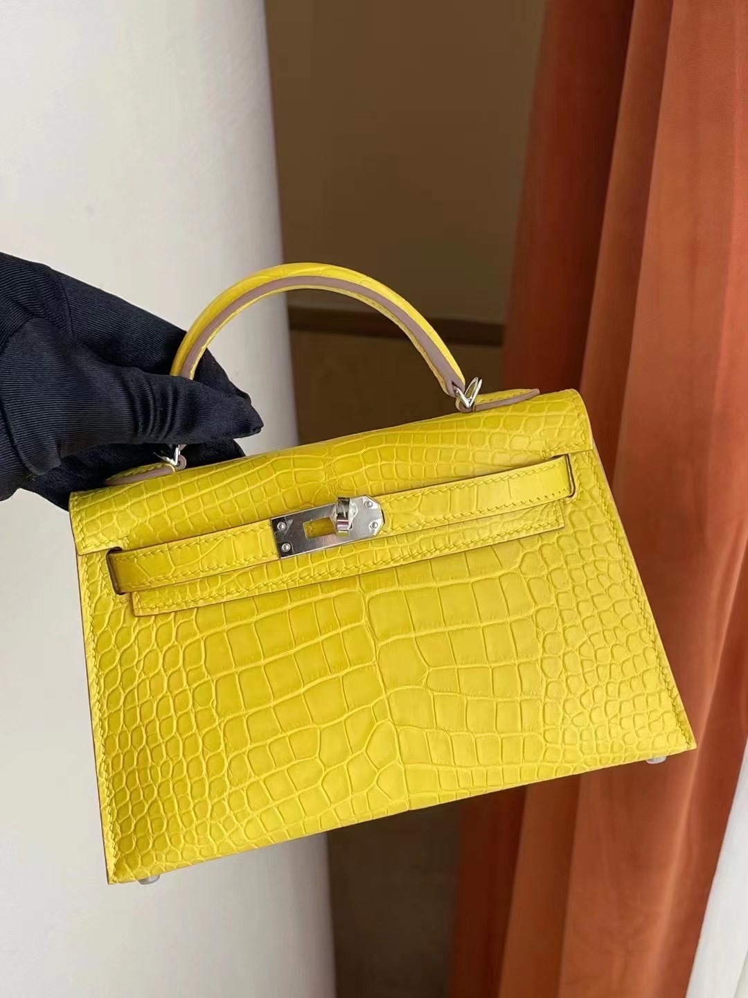 Hermes Kelly Mini II 2代 9R Lime 檸檬黃 霧面方塊 美洲鱷魚銀扣