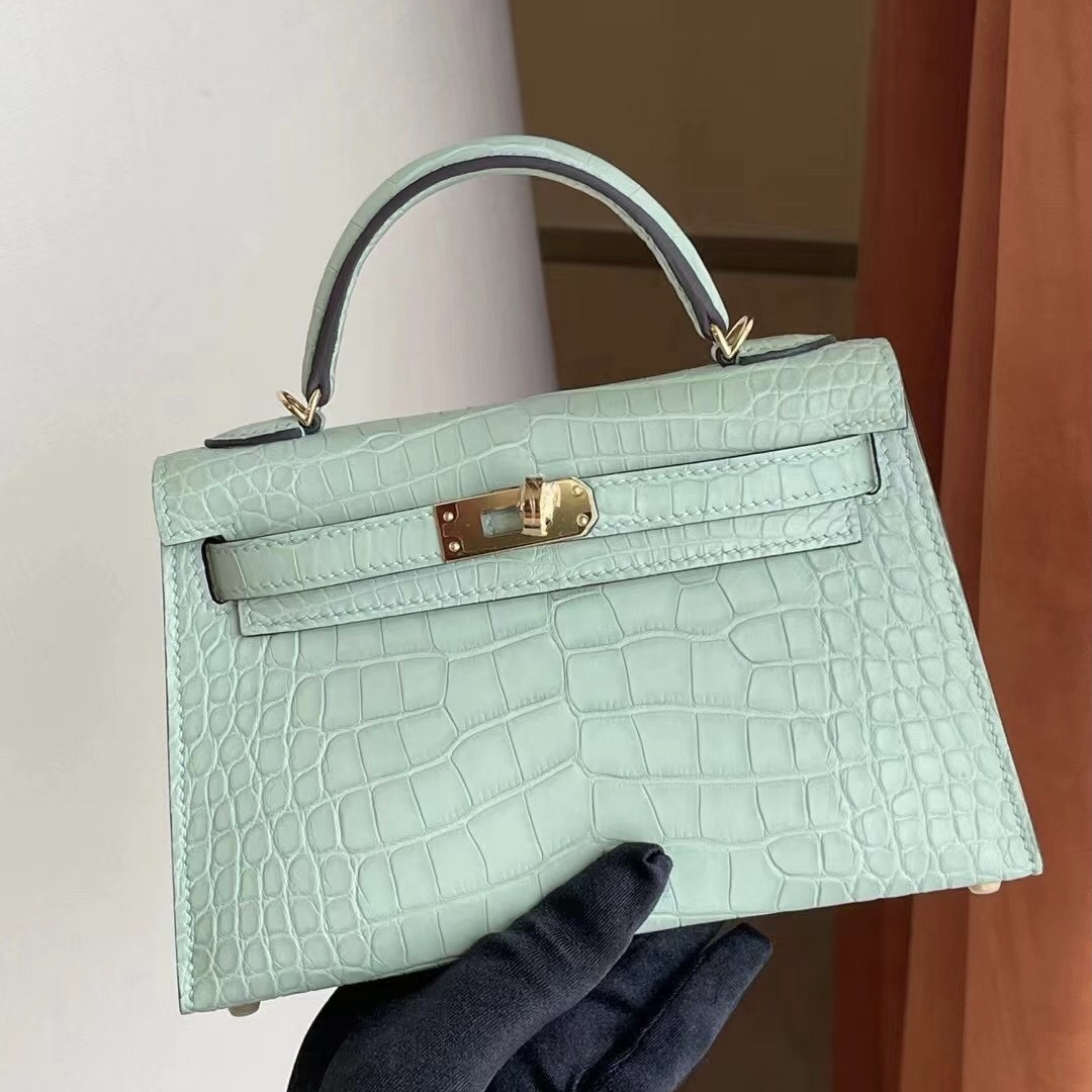 Hermes Kelly Mini II 2代 6U Vert Dfau 金扣 霧面方塊 美洲鱷魚