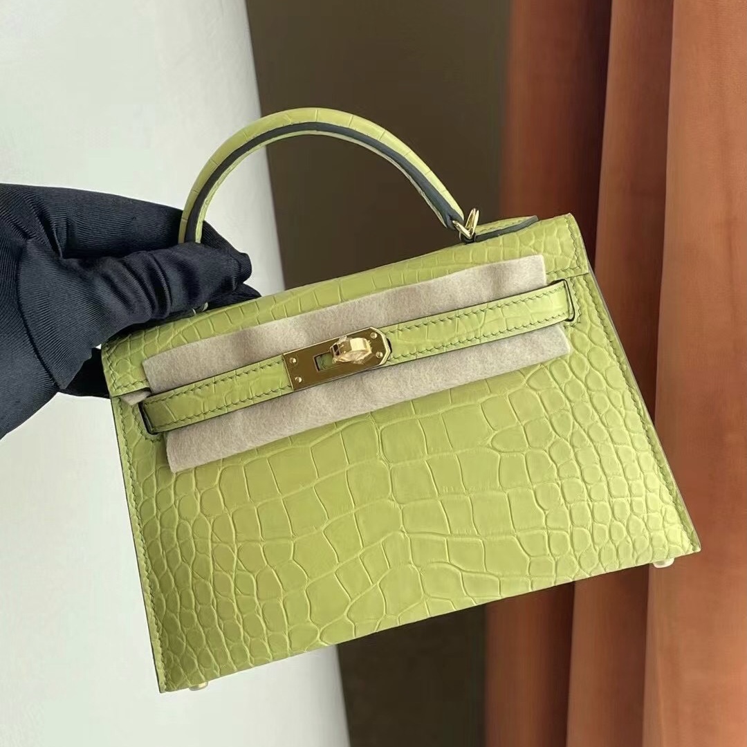 Macao Hermes Kelly mini II 2代 R9 Jaune Bourgeon 嫩芽黃 霧面方塊 美洲鱷魚