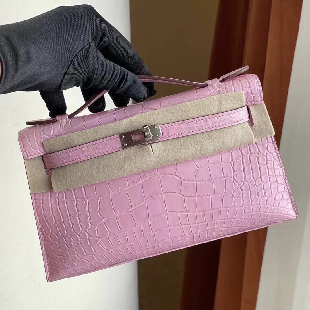 Hong Kong Hermes Mini Kelly Pochette 5P pink 櫻花粉 霧面方塊 美洲鱷魚