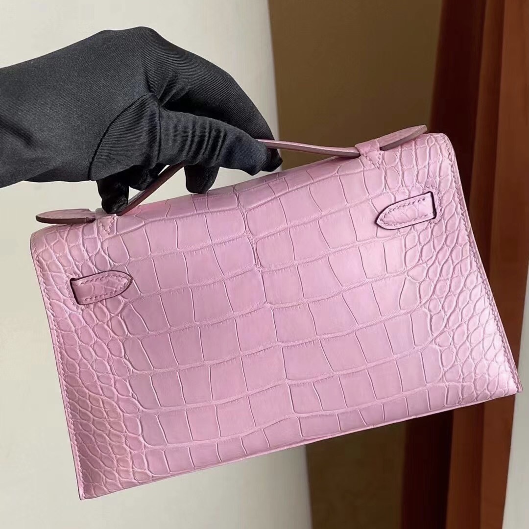 Hong Kong Hermes Mini Kelly Pochette 5P pink 櫻花粉 霧面方塊 美洲鱷魚