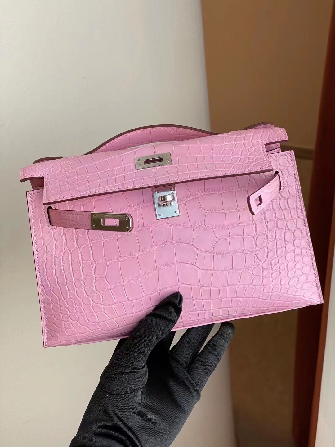 Hong Kong Hermes Mini Kelly Pochette 5P pink 櫻花粉 霧面方塊 美洲鱷魚