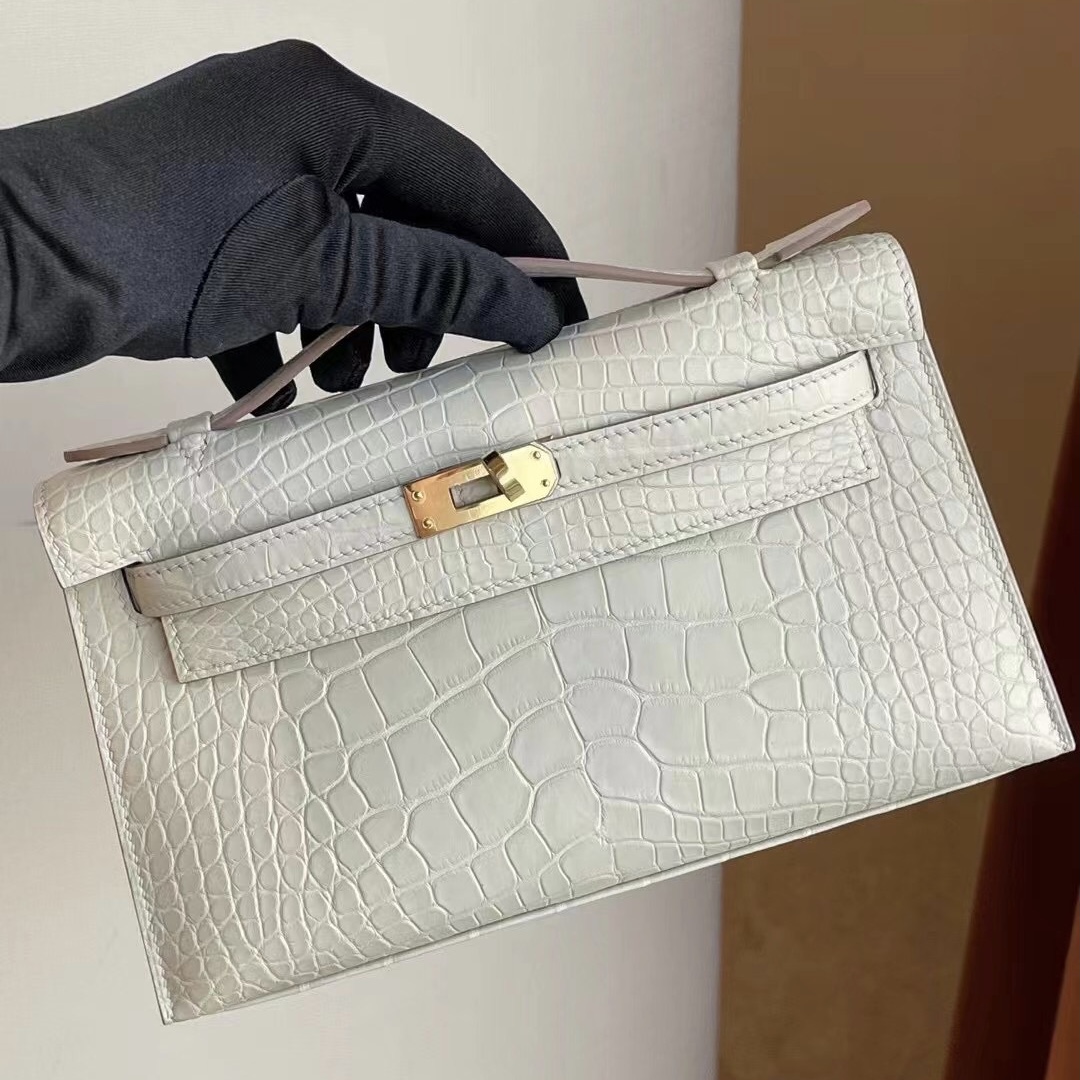 Hong Kong Hermes Mini Kelly Pochette i2 nata 奶油白 霧面方塊 美洲鱷魚