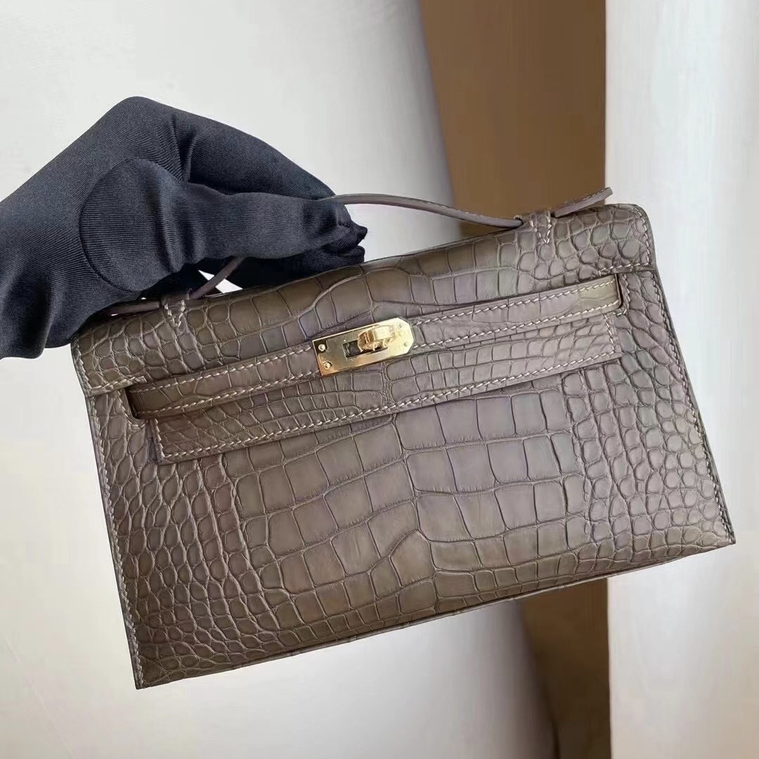 Hong Kong Hermes Mini Kelly Pochette 18 Etoupe 大象灰 霧面方塊美洲鱷魚