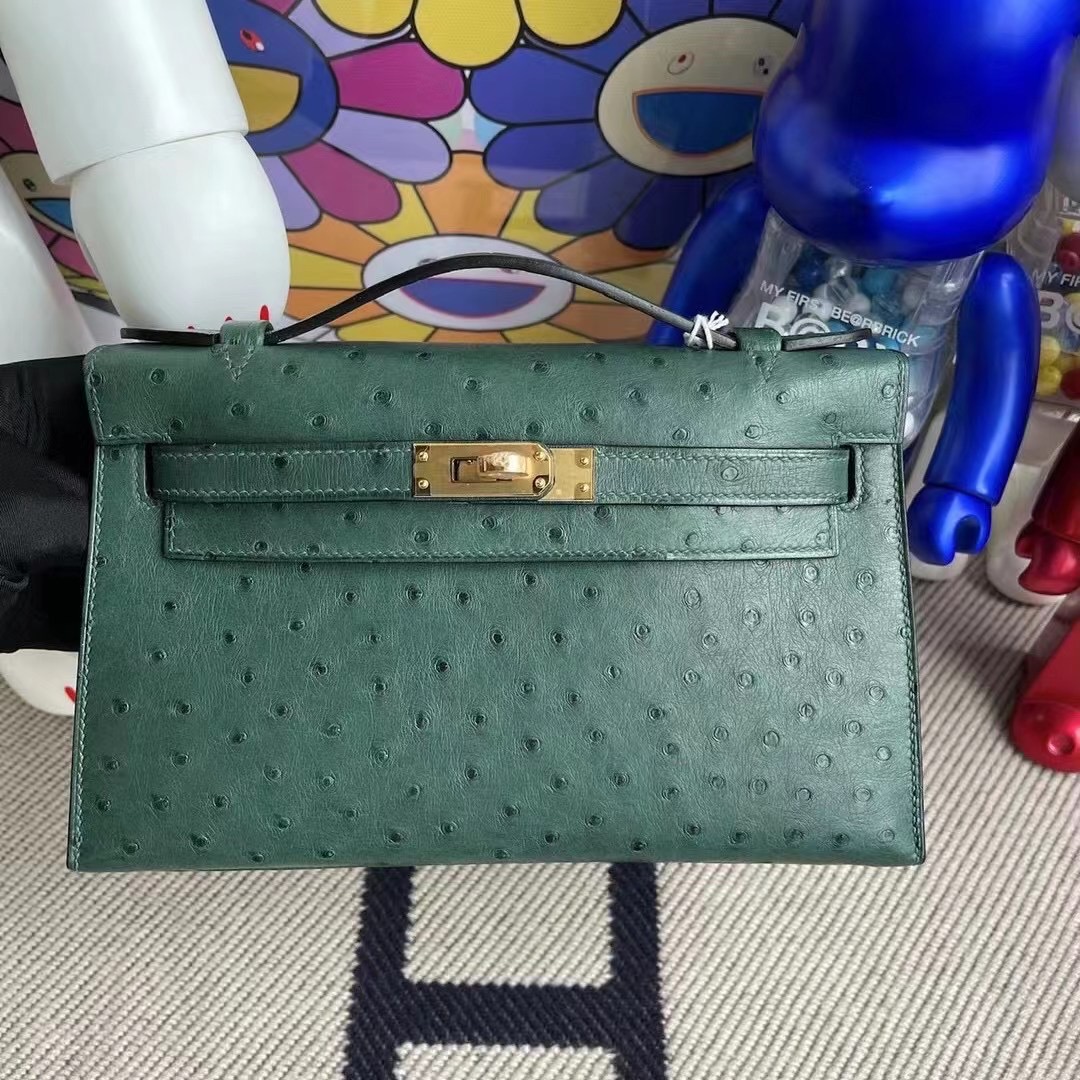 Hermes MiniKelly Pochette Ostrich Z6 孔雀綠 Malachite 全手工蜜蠟線縫 金扣