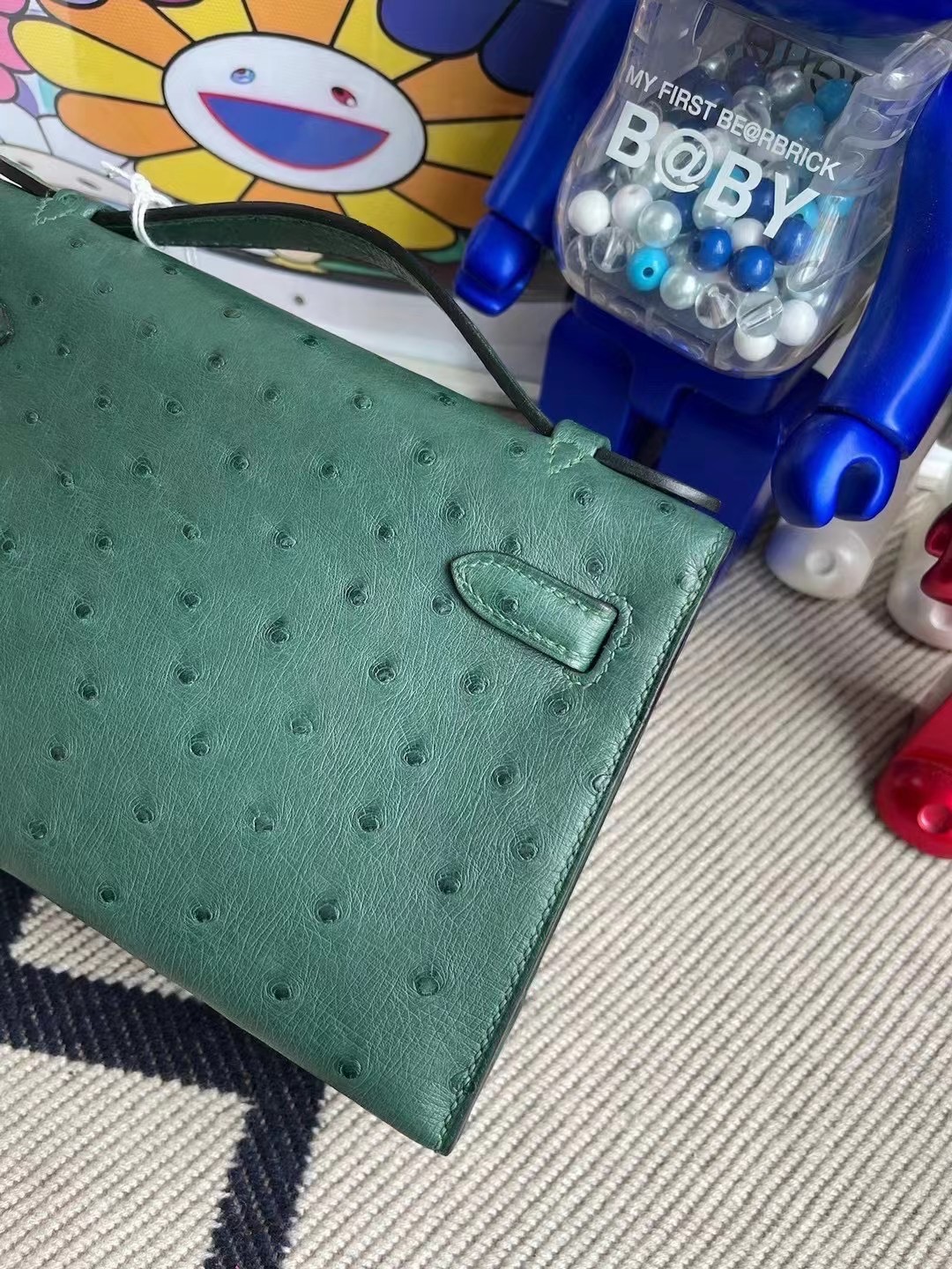 Hermes MiniKelly Pochette Ostrich Z6 孔雀綠 Malachite 全手工蜜蠟線縫 金扣