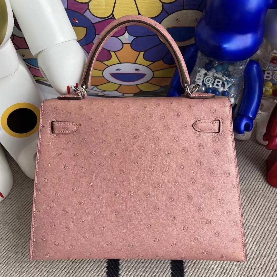 愛馬仕凱莉包25寸價格 Hermes Kelly 25cm Ostrich 94 TerreCuite 陶瓷粉 銀扣