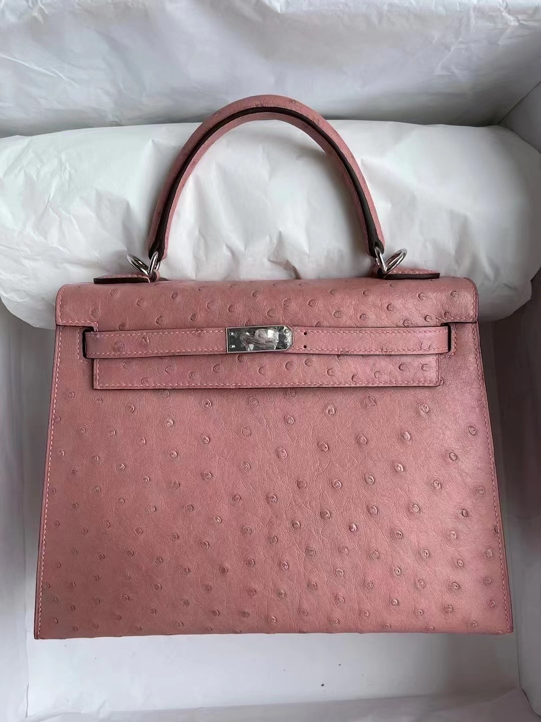 愛馬仕凱莉包25寸價格 Hermes Kelly 25cm Ostrich 94 TerreCuite 陶瓷粉 銀扣