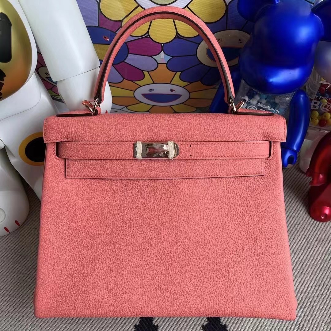 愛馬仕凱莉包28價格 Hermes Kelly 28cm Togo L5 Crevette 龍蝦粉 玫瑰金扣