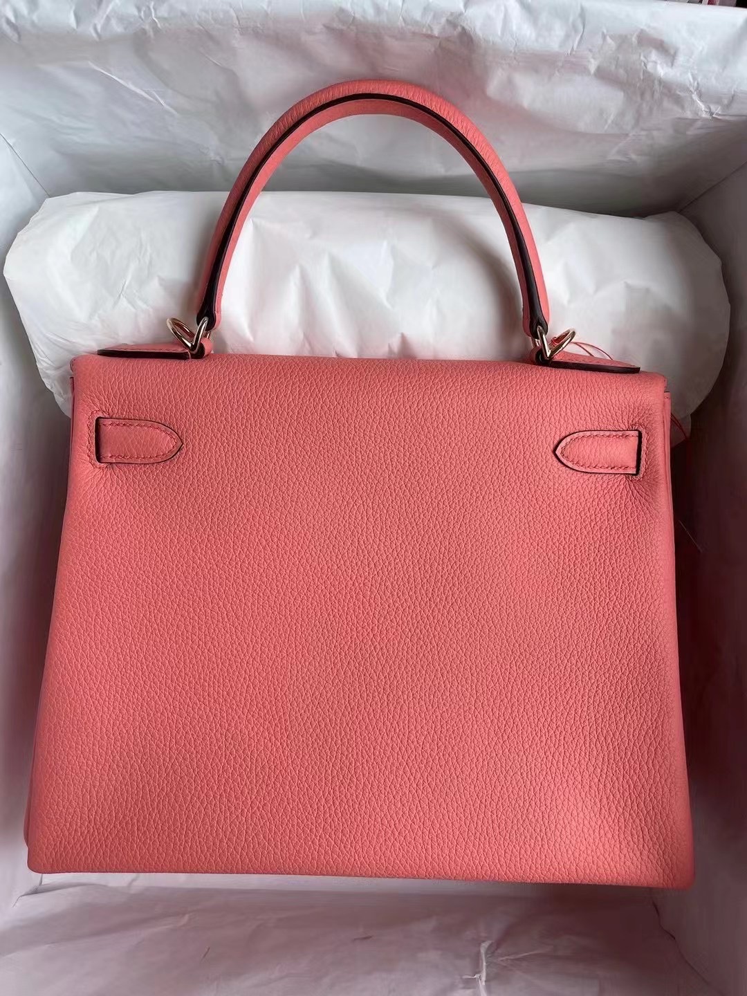 愛馬仕凱莉包28價格 Hermes Kelly 28cm Togo L5 Crevette 龍蝦粉 玫瑰金扣