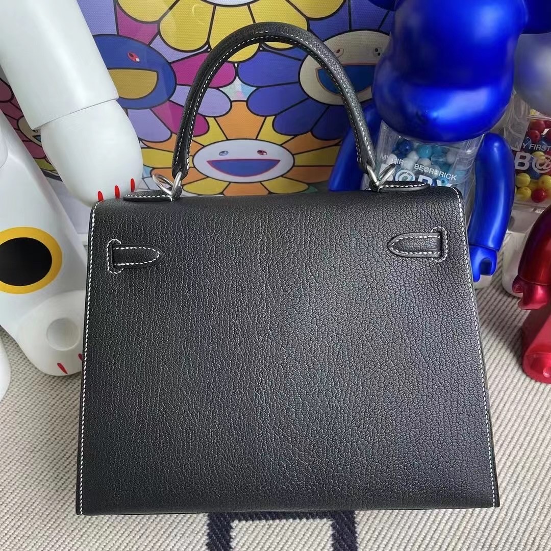 愛馬仕凱莉包25寸價格 Hermes Kelly 25 Chevre山羊皮89 Noir黑色白色線磨砂銀扣