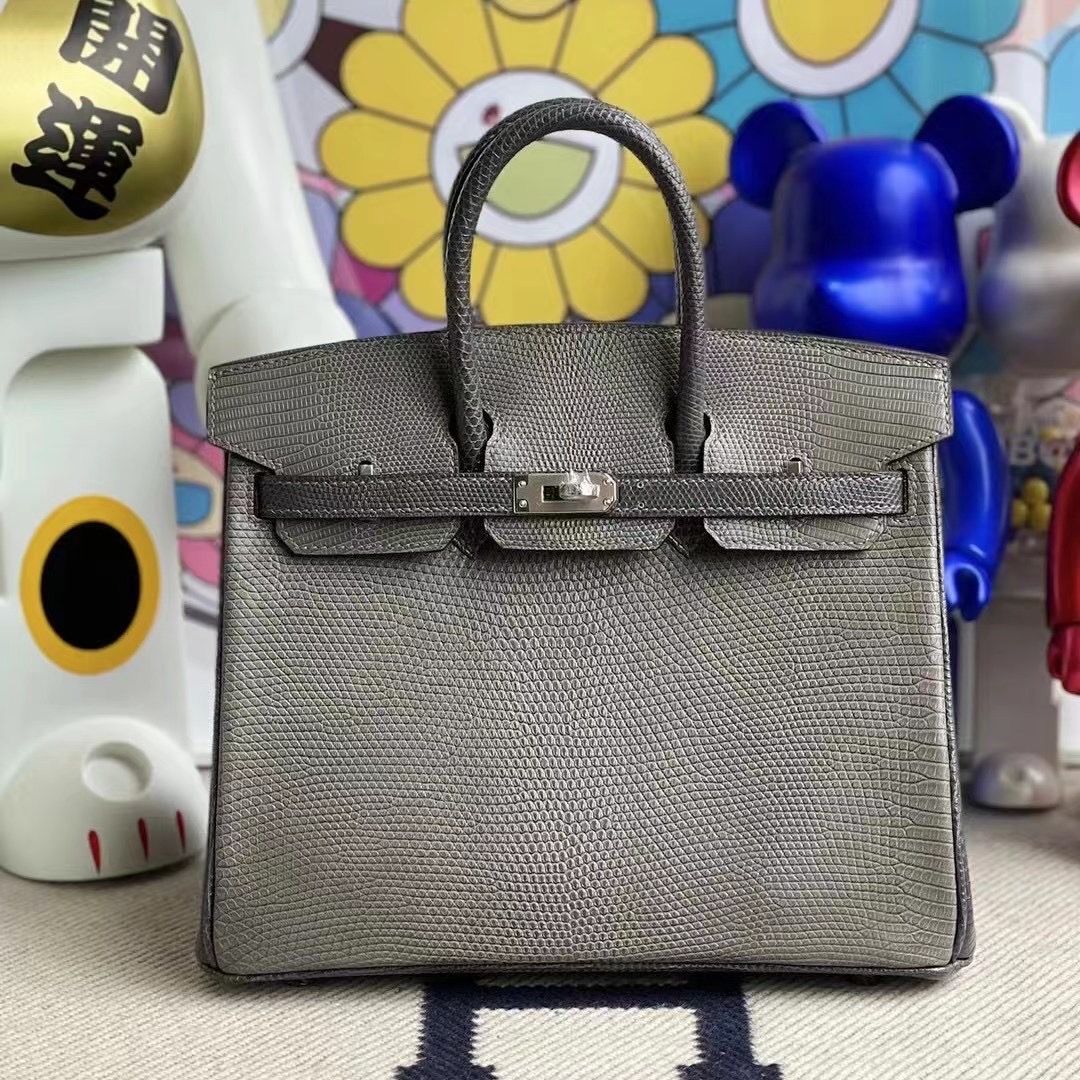 愛馬仕蜥蜴皮鉑金包多少 Hermes Birkin25 Lizard 81 Gris Tourterelle 8F Etain 銀扣