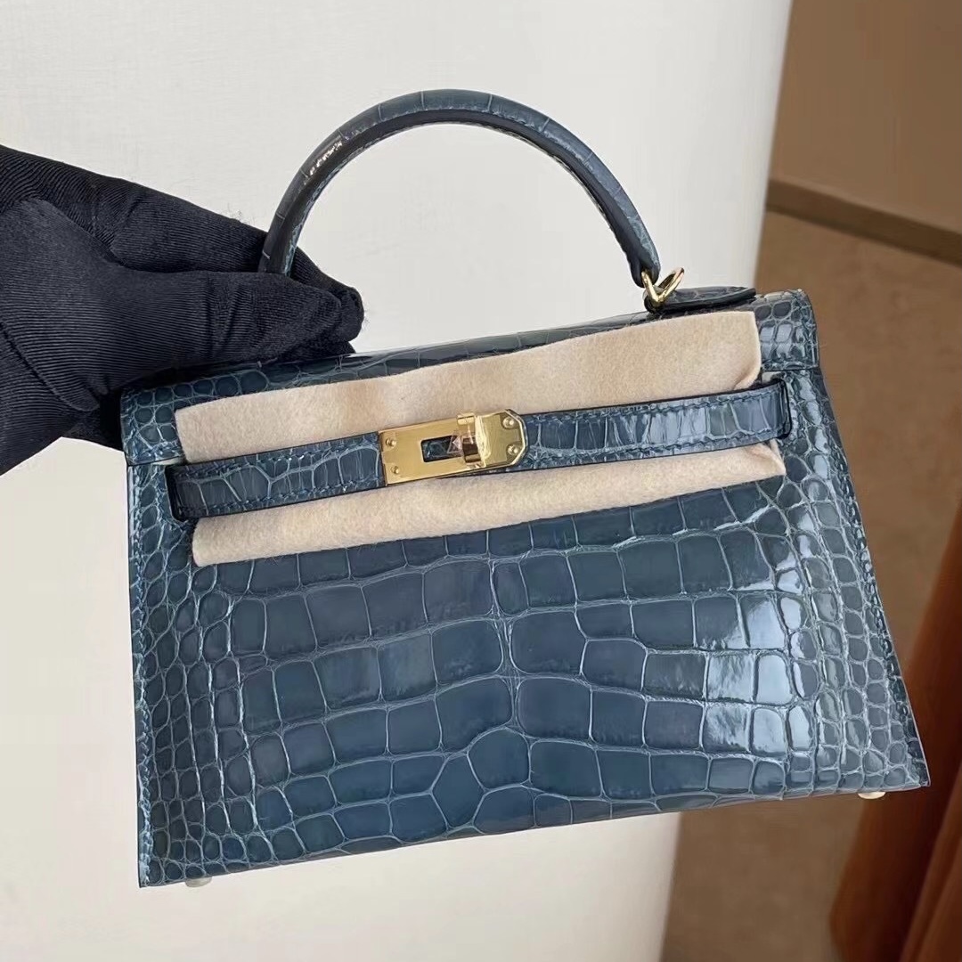 愛馬仕迷你凱莉包二代 Z刻 Hermes Kelly Mini 2代 75 Blue Jean 牛仔藍 美洲鱷