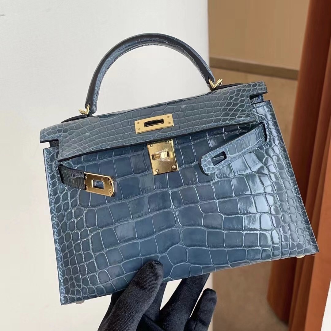 愛馬仕迷你凱莉包二代 Z刻 Hermes Kelly Mini 2代 75 Blue Jean 牛仔藍 美洲鱷