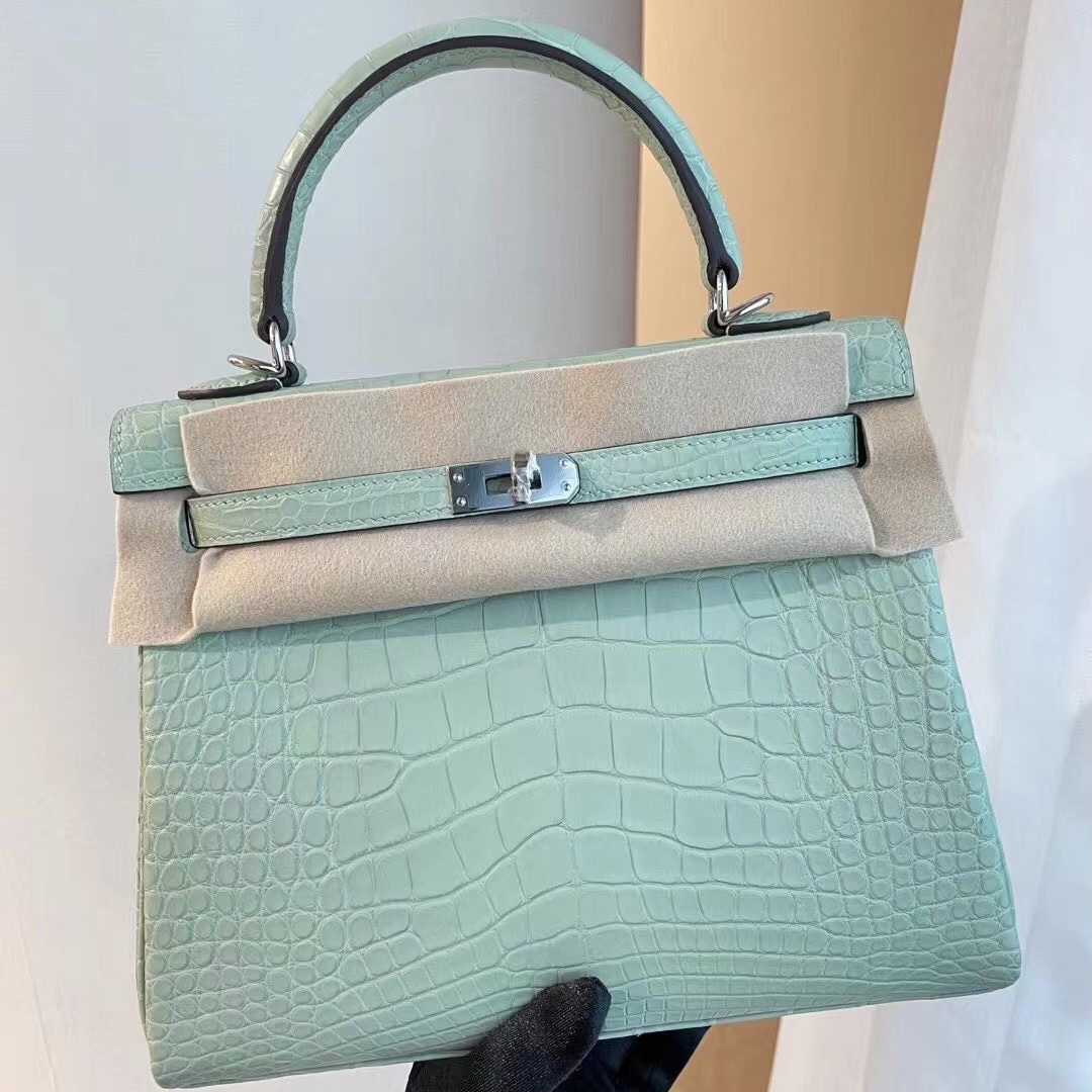 愛馬仕凱莉包官方價格 Hermes kelly 25cm 6U Vert Dfau 霧面美洲鱷魚銀扣