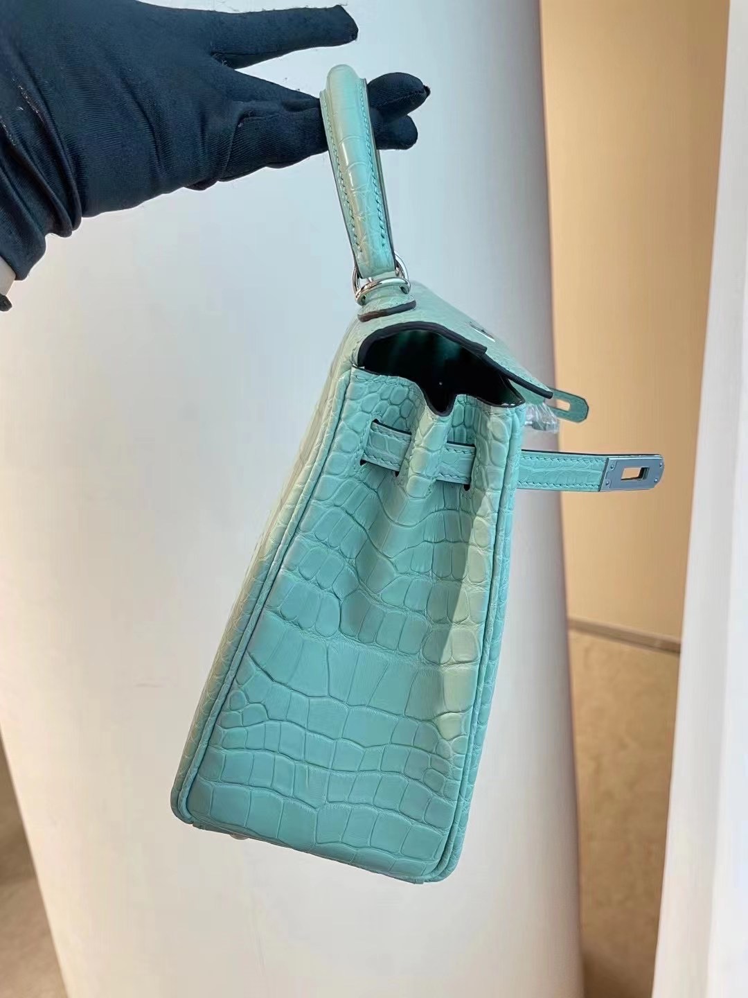 愛馬仕凱莉包官方價格 Hermes kelly 25cm 6U Vert Dfau 霧面美洲鱷魚銀扣