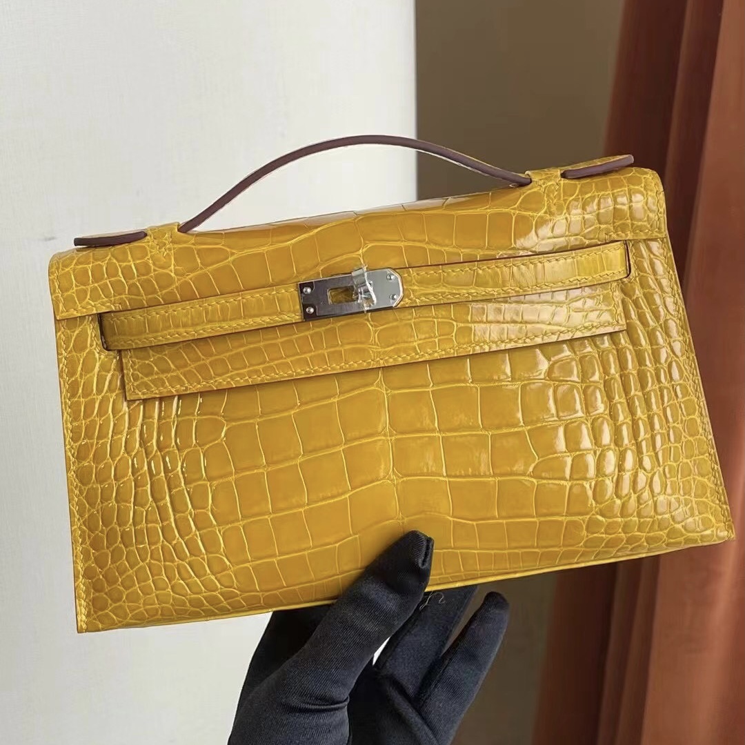 Hermes MiniKelly Pochette 9D Jaune Amber 琥珀黃 亮面方塊 美洲 鱷魚