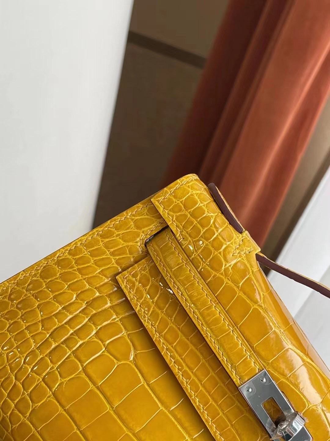 Hermes MiniKelly Pochette 9D Jaune Amber 琥珀黃 亮面方塊 美洲 鱷魚