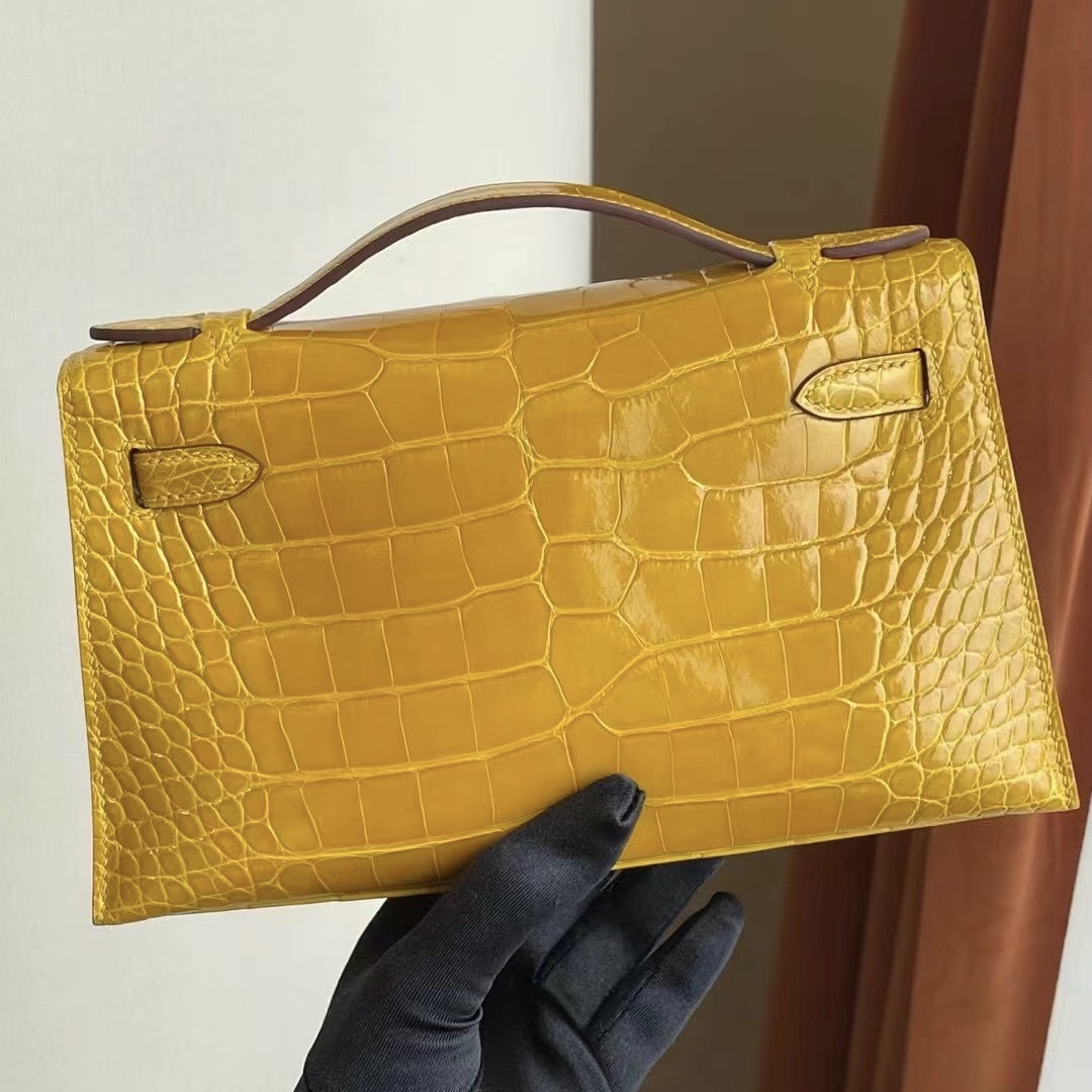 Hermes MiniKelly Pochette 9D Jaune Amber 琥珀黃 亮面方塊 美洲 鱷魚