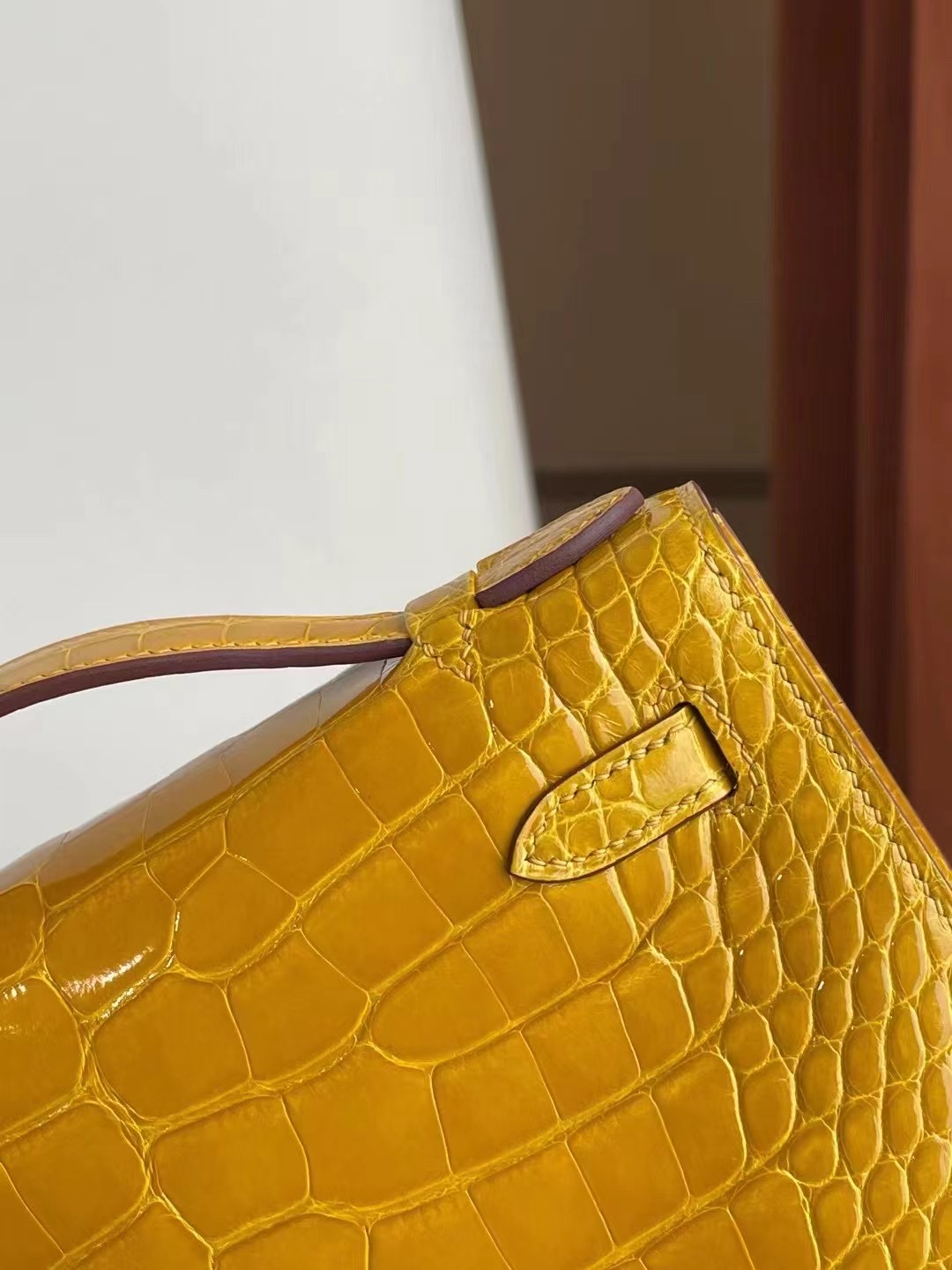 Hermes MiniKelly Pochette 9D Jaune Amber 琥珀黃 亮面方塊 美洲 鱷魚