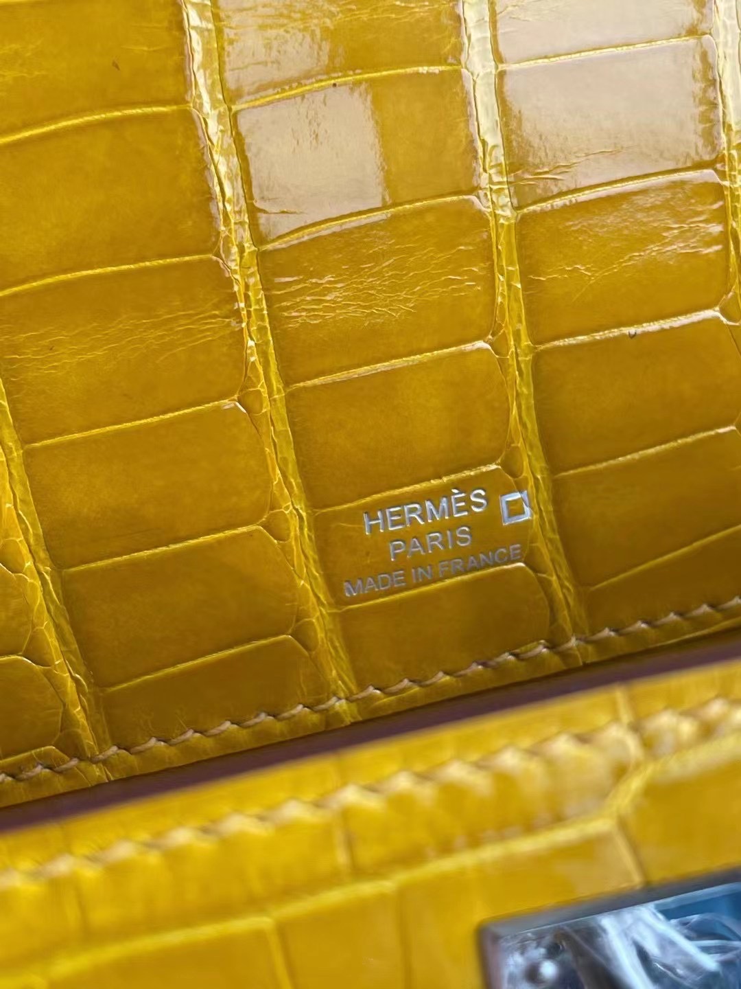 Hermes MiniKelly Pochette 9D Jaune Amber 琥珀黃 亮面方塊 美洲 鱷魚
