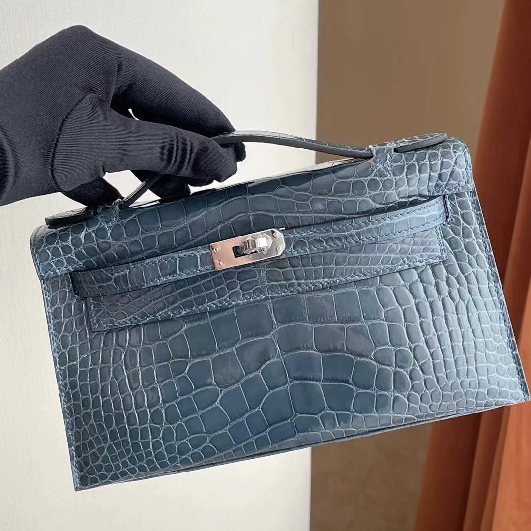 Hong Kong Hermes MiniKelly Pochette N7 Blue Tempete 風暴藍 美洲鱷