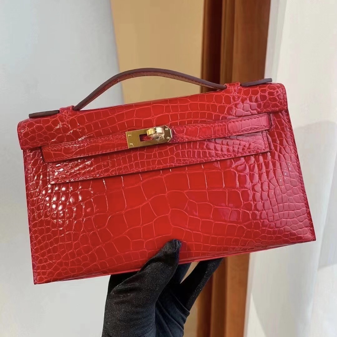 愛馬仕迷你凱莉包價格 Hermes Mini Kelly Pochette 95 Braise 法拉利紅美洲鱷