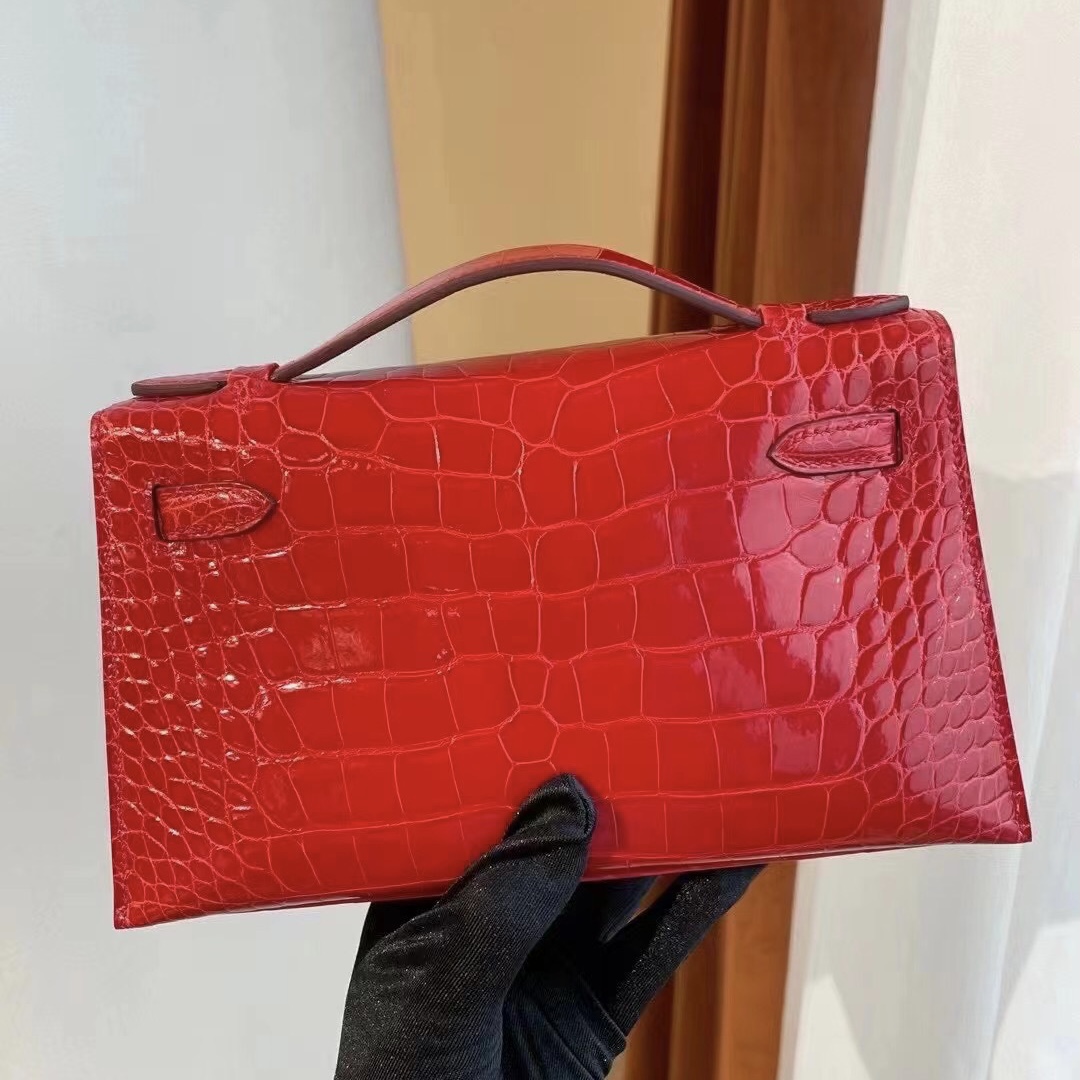 愛馬仕迷你凱莉包價格 Hermes Mini Kelly Pochette 95 Braise 法拉利紅美洲鱷