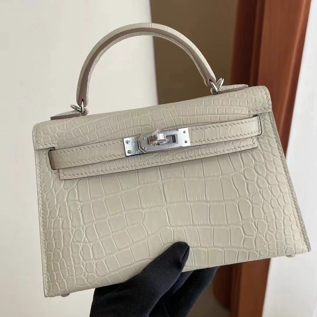 Hong Kong Hermes Mini Kelly II 2代 8L Beton 奶油白霧面方塊 美洲鱷魚