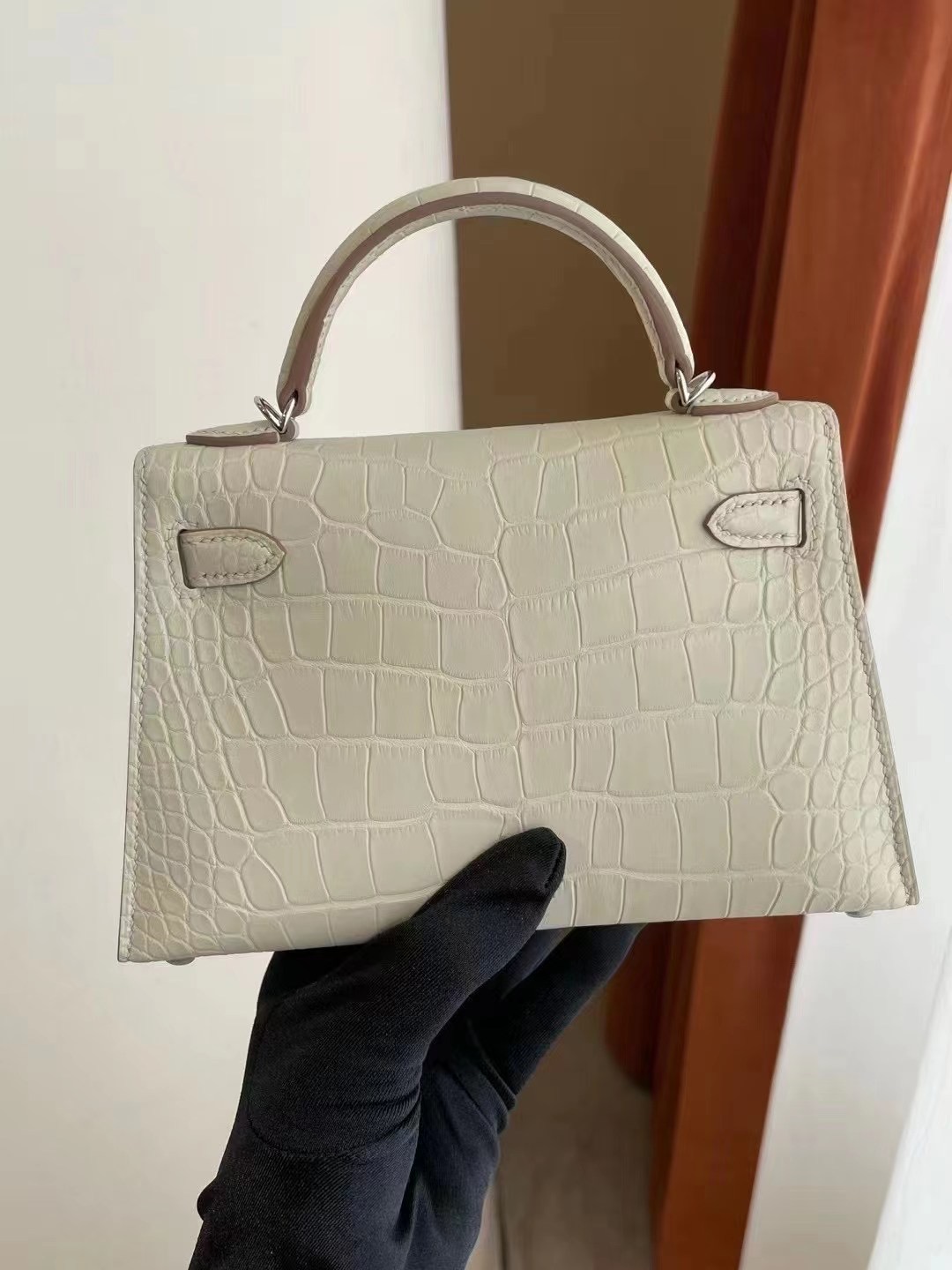 Hong Kong Hermes Mini Kelly II 2代 8L Beton 奶油白霧面方塊 美洲鱷魚